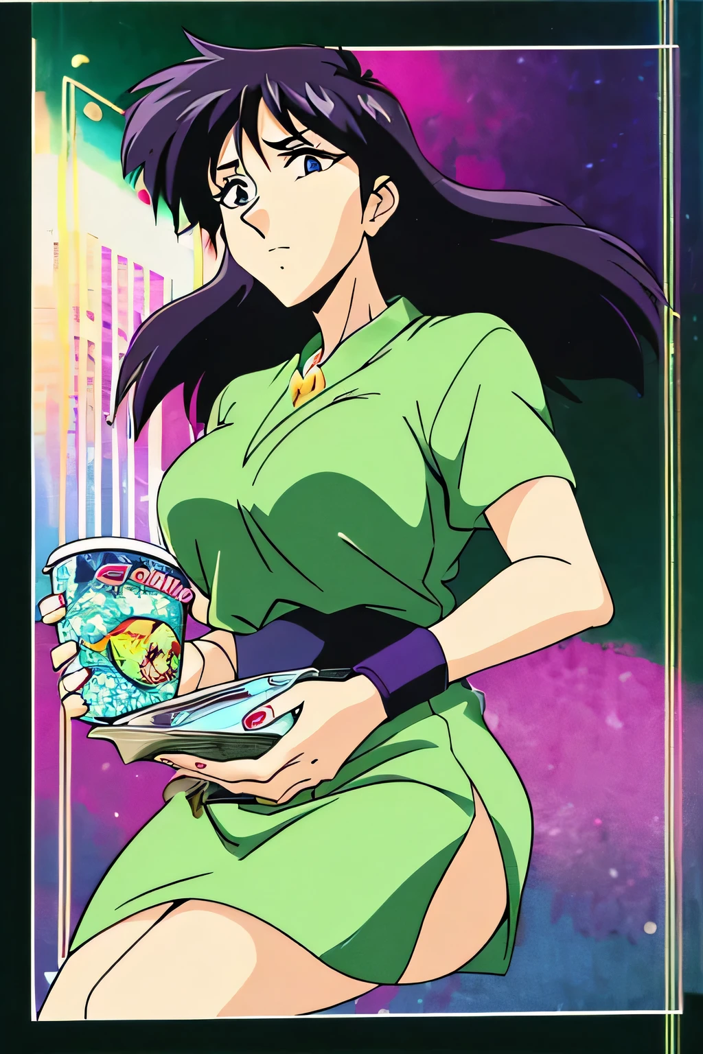 a woman in a green skirt holding a cup of coffee, by Rumiko Takahashi, comic cover, chinese woman, cooked to perfection, city hunter, circa the year 2994, sengoku era, anime visual style, she is easting a peach, Yoshitomo Nara, today's featured anime still, wearing a blouse