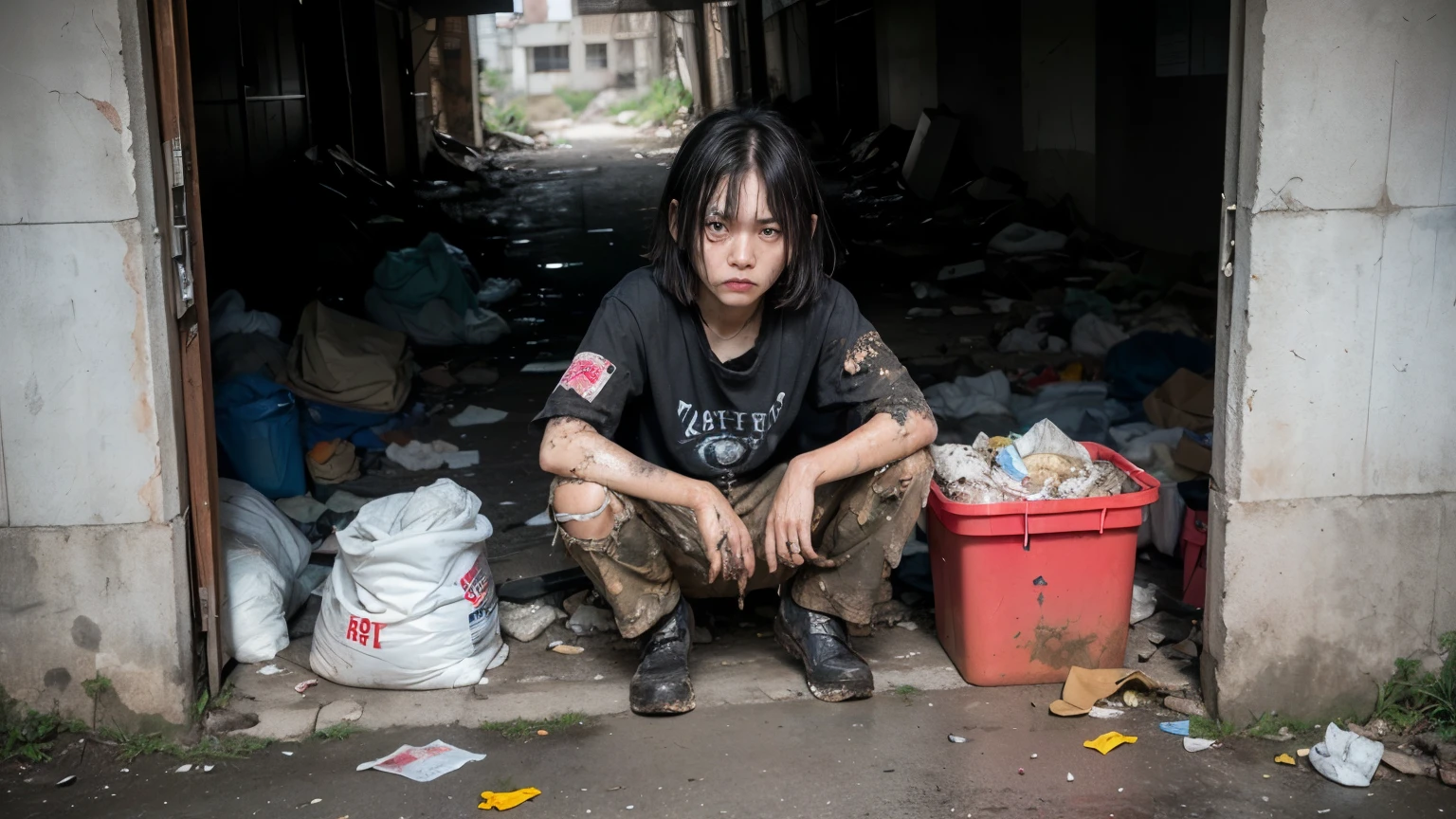 aespakarina,Bobcut,Beggar,beggar,(((Homeless))),in abandoned style room,Crouching,Angry face,Bad complexion,Dirty,Full of trash,Korean,18-year-old,woman,Pitch black,Tattered clothes,(((Bad mood))),((( Oil,Mud stains,shit,dirty))),(((Frowning,カメラをGlaring))),((((Rubble pile))),Very fine eye, (((Wearing tattered black clothing,He&#39;s wearing ripped black pants))),(((Tragic))),((photograph)),(((Fabric Shading))), (((highest quality))), (((masterpiece))) strong girl, ((((Realistic)))),,Black Hair, chic hairstyle, ((With bangs,ストレートミディアムBobcut, nice hair)), Light makeup,Red eyes, (((I&#39;m not wearing lipstick))), (nice, strong), Centered Images, Looking at the camera, Elegant colors,Realistic Skin,Realistic texture,８k,whole body,Pale skin,Red iris,Expressionless,Glaring,Perfect Face,(((Big eyes))),Holding a blank board