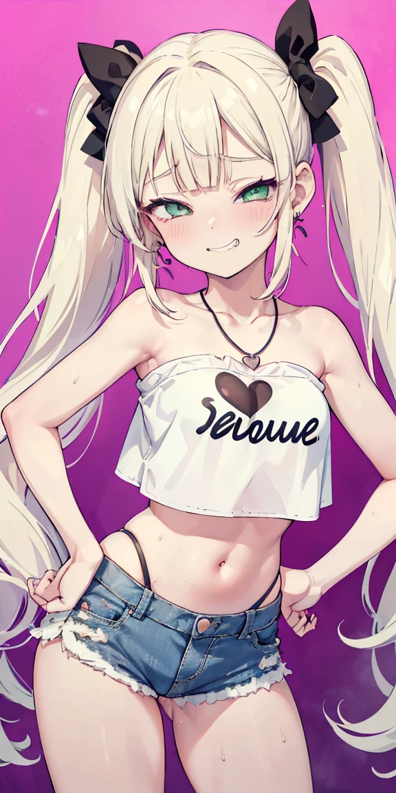1 girl,heart-shaped pupils, hand on hips, blond hair, blonde hair, (((blond hair))), ((green eyes)), green colored eyes, long hair, (((long twintails))), Upper body, trembling, Sweat, Sweatdrop, heart, (speed line:1.1), ((Flat milk)), ((heavy breathing:1.3)), like, heart, mesugaki look, Yandere, ((jagged teeth)), small breasts, ((hair bows)), (((white crop top))), ((solid white crop top)), ((strapless)), midriff, ((short denim shorts)), cowboy shot, ((twin tails)), ((tsundere)), (((evil smile, mesugaki look, smile))), ((earrings)), ((silver necklace)), ((pink colored bows))