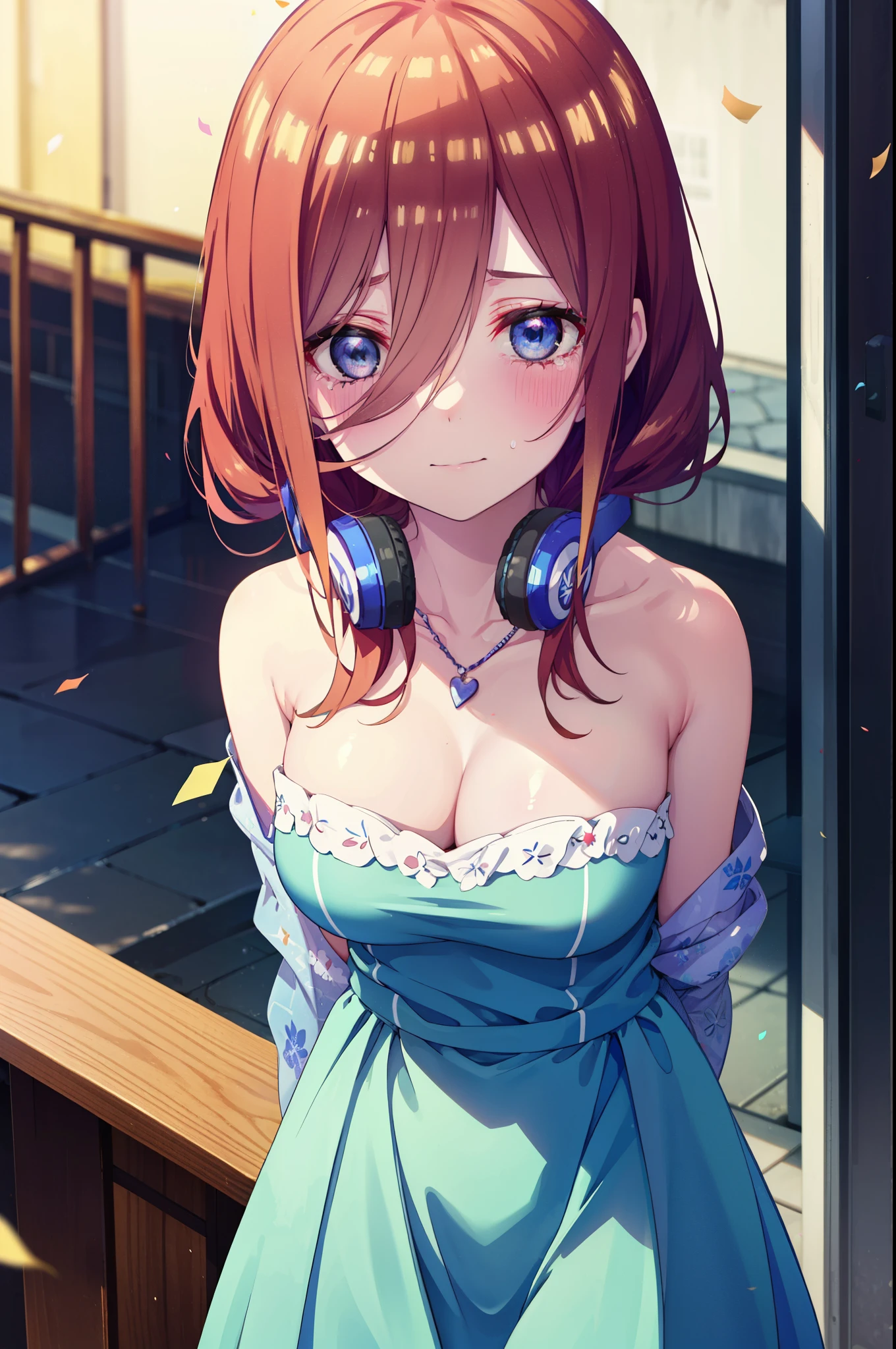 Miku Nakano, Miku Nakano, Long Hair, bangs, Brown Hair, shirt, Hair between the eyes, cardigan, Headphones around neck,tiara,Star Hair Ornament,smile,blush,Blue Dress,Long skirt,Red Pin Heel,No sleeve,Expose your shoulders,Bare arms,Bare neck,bare clavicle,Heart Necklace,Tears stream down her face,Tears of joy,I cry a lot,holding a large bouquet of flowers in each hand,Confetti,There is a birthday cake on the table,
break indoors, on stage,
break looking at viewer, (Cowboy Shot:1.5),
break (masterpiece:1.2), highest quality, High resolution, unity 8k wallpaper, (shape:0.8), (Beautiful details:1.6), Highly detailed face, Perfect lighting, Highly detailed CG, (Perfect hands, Perfect ),