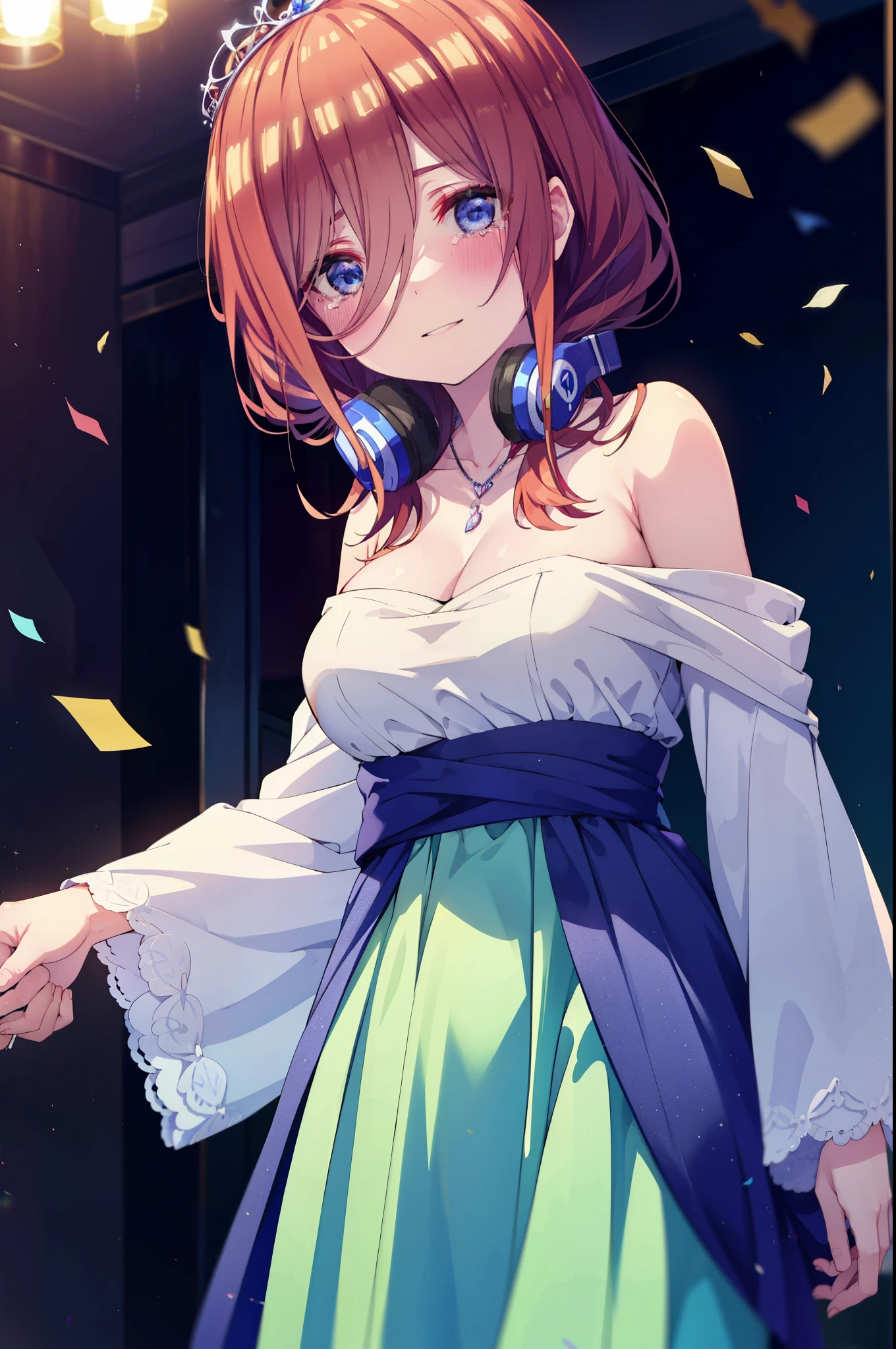 Miku Nakano, Miku Nakano, Long Hair, bangs, Brown Hair, shirt, Hair between the eyes, cardigan, Headphones around neck,tiara,Star Hair Ornament,smile,blush,Blue Dress,Long skirt,Red Pin Heel,No sleeve,Expose your shoulders,Bare arms,Bare neck,bare clavicle,Heart Necklace,Tears stream down her face,Tears of joy,I cry a lot,holding a large bouquet of flowers in each hand,Confetti,There is a birthday cake on the table,
break indoors, on stage,
break looking at viewer, (Cowboy Shot:1.5),
break (masterpiece:1.2), highest quality, High resolution, unity 8k wallpaper, (shape:0.8), (Beautiful details:1.6), Highly detailed face, Perfect lighting, Highly detailed CG, (Perfect hands, Perfect Anatomy),