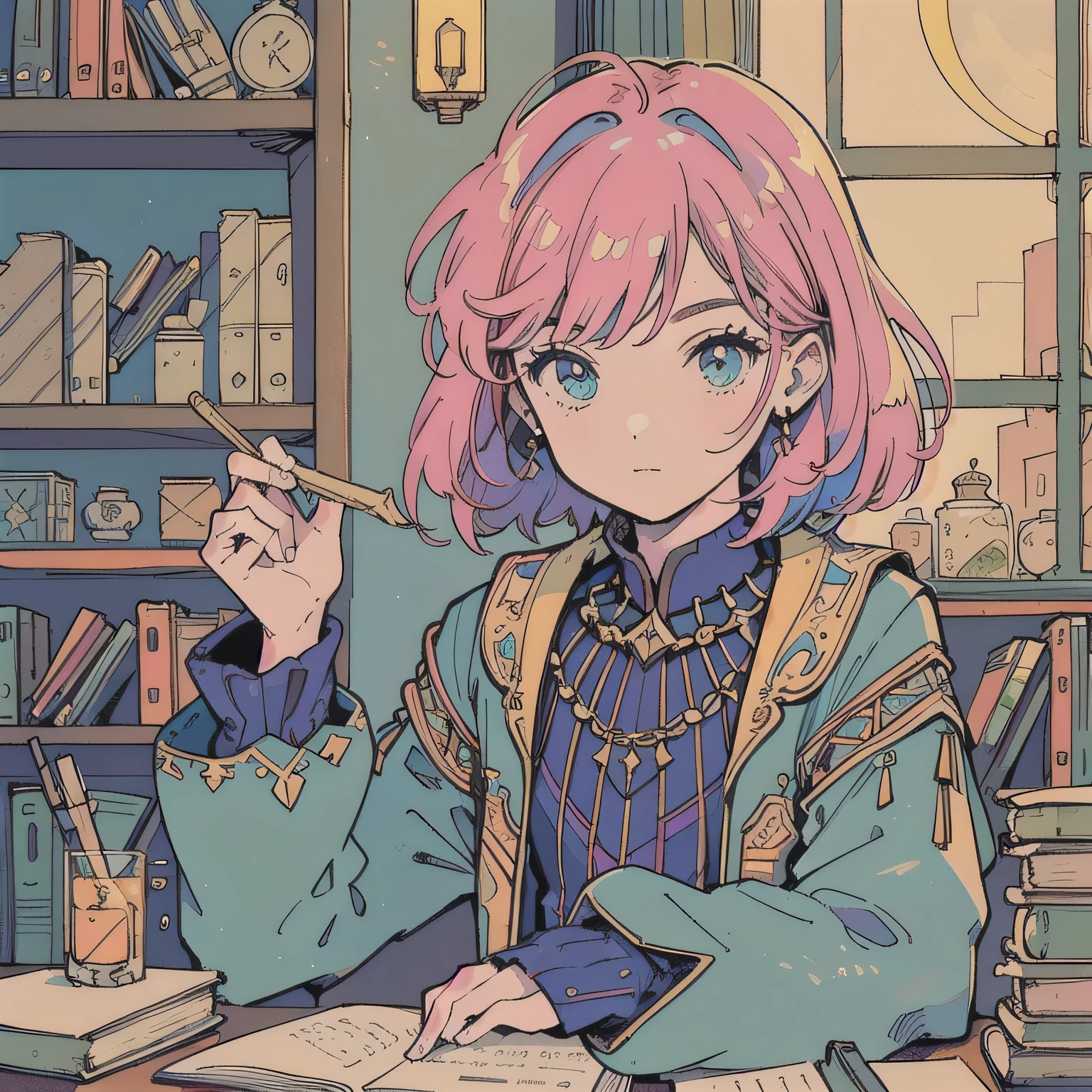 (praise), A girl studying at a desk in a room, magical research, Reading a book, Wearing Glass, Pink Hair,Fluffy bob cut,Shoulder length, evening,sunset,Analog Color Theme, flat, 2D , Simple drawing, Simplify the line drawing, Ink drawing, Big incline, Gouache Color, Great colorful, Out turn, Synthwave,Classic style,Old Texture, amplitude,Medieval European royal atmosphere,Aristocratic dress,Mysterious atmosphere,Lo-Fi,Calm atmosphere,Outside the window is a medieval castle town,Cozy room with warm lighting,(houseplants on the table),Books stacked on the table,A desk cluttered with art notebooks and stationery,A bookshelf full of books and dictionaries,One girl, Teen, 8k, 35mm, Absurd, Flat color, perspective, Depth of written boundary, High resolution, Cinema Lighting, Professional Lighting, Sharp focus, High resolution, photograph, Realistic, Super detailed, In detail, ((Detailed eyes, face and hair)), (Music is playing from a trumpet-shaped gramophone on the desk.)