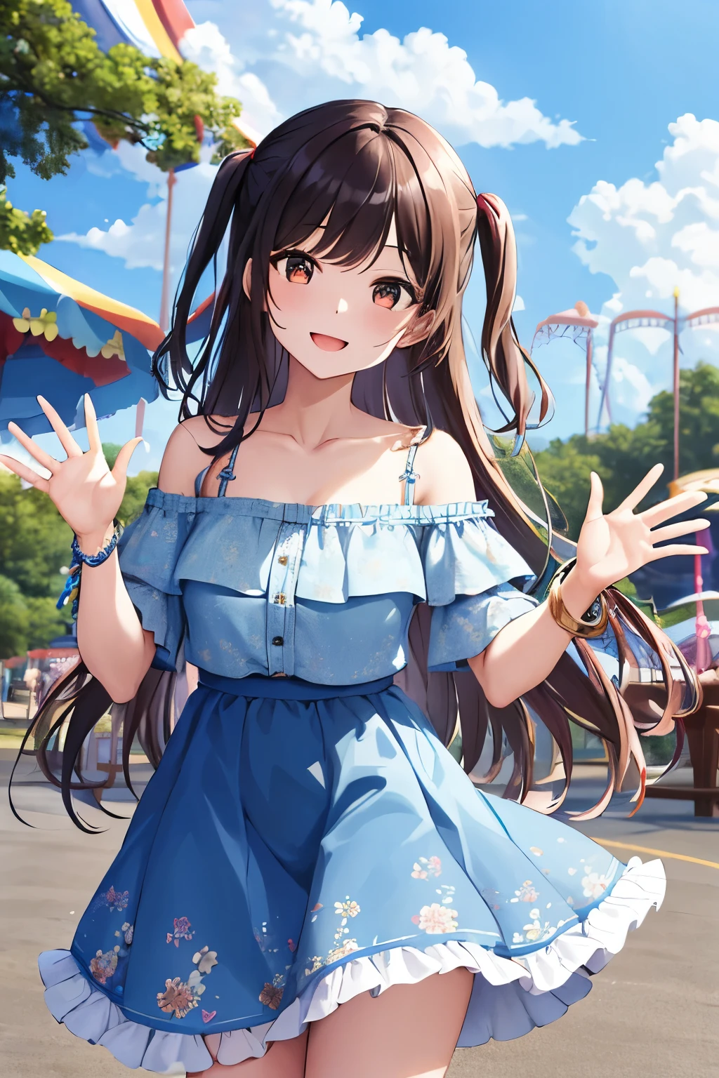 masterpiece, best quality, highres, chi1, 1girl, long hair, one side up, solo, bracelet, bangs, bare shoulders, blue shirt, floral print, short sleeves, off-shoulder shirt, frills, blue skirt, amusement park, waving, smile,