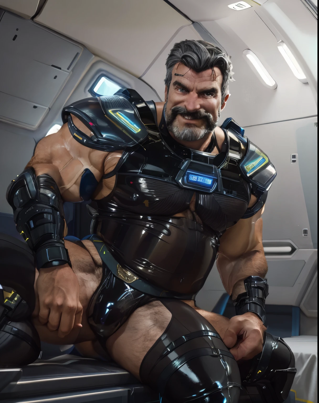 full body portrait, strong burly hairy mature older man(space captain), wearing futuristic captain's uniform insignia (neon and black) (open and revealing) (latex) , gray hair, broad shoulders, round belly, bulging micro thong, scifi spaceship captain uniform, neon lights, best quality elegant masterpiece, military buzzcut, dark mustache, gray stubble, latex, wearing a latex thong, big bulging crotch, futuristic gear equipment, wearing see through plastic chest armor (neon yellow and electric blue), wearing neon yellow see through chest armor, wearing electric blue latex chaps(see-through) , wearing cool neon sneakers,in spaceship cockpit, lying in spaceship sleeping quarters(bed) (view from above), smiling with teeth showing, nicebulge, waiting in bed, glowing armor, legs up(!) and spread(!) , big muscle ass, wet and dripping ass, hairy pecs, thick long legs, silver hair