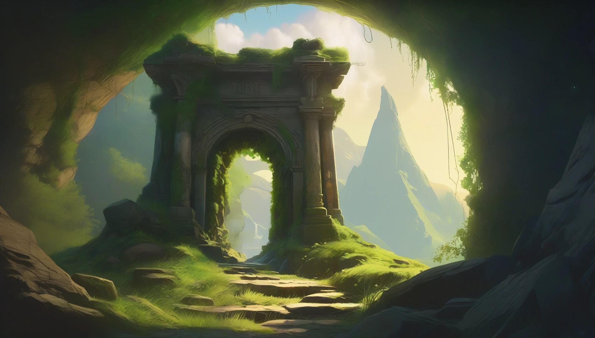 Ultra realistic painting of a forgotten gateway, mysterious ancient fantasy portal surrounded by vines and moss, crumbling stone archway with glyphs and runes, swirling waterfall in the portal, stars and mountains, leading to another time and dimension,(((glowing magical aura))), digital art, trending on artstation, by Ashley Wood and Simon Stålenhag, (((sunlight,Lens flare,silhoutte,vignette)))