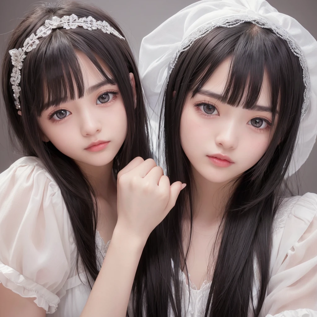((2 girls are looking towards for front)),Light smile、natta、Raw photography、(((Portrait of extreme beauty)))、((glistning skin))、16 year old beautiful girl in Prague、bright expression、((beautiful black hair))、[Big black eyes that shine like jewels]、Glossy glossy skin、Silky Super Long Straight Hair、eye liner、Beautiful bangs、Hair between the eyes、((​masterpiece、top-quality、ultra-detailliert、intricate-detail、hight resolution、ighly detailed))、Detailed background、8KUHD、Digital SLR、hightquality、FujifilmXT3 、Shallow depth of field,looking at viewer, (bust shot:1.0), heart-shaped pupils, (((thin eyebrows))), (nose blush), (embarrassed:1.2), (no makeup), ((((dreamy eyes)))),((face to face:1.0)),
