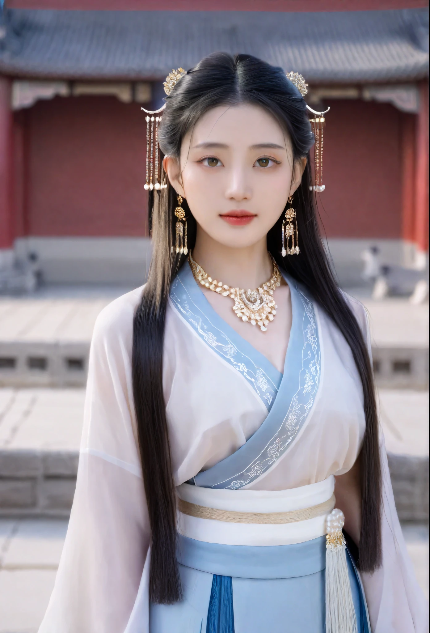 (photorealistic, best quality, ultra high res, extremely detailed eyes and face:1.3),(1girl, solo:1.3),skirt,jewelry,long_hair,necklace,earrings,perfect body,standing,large breasts,looking at viewer,chinese clothes,china dress,hanfu,