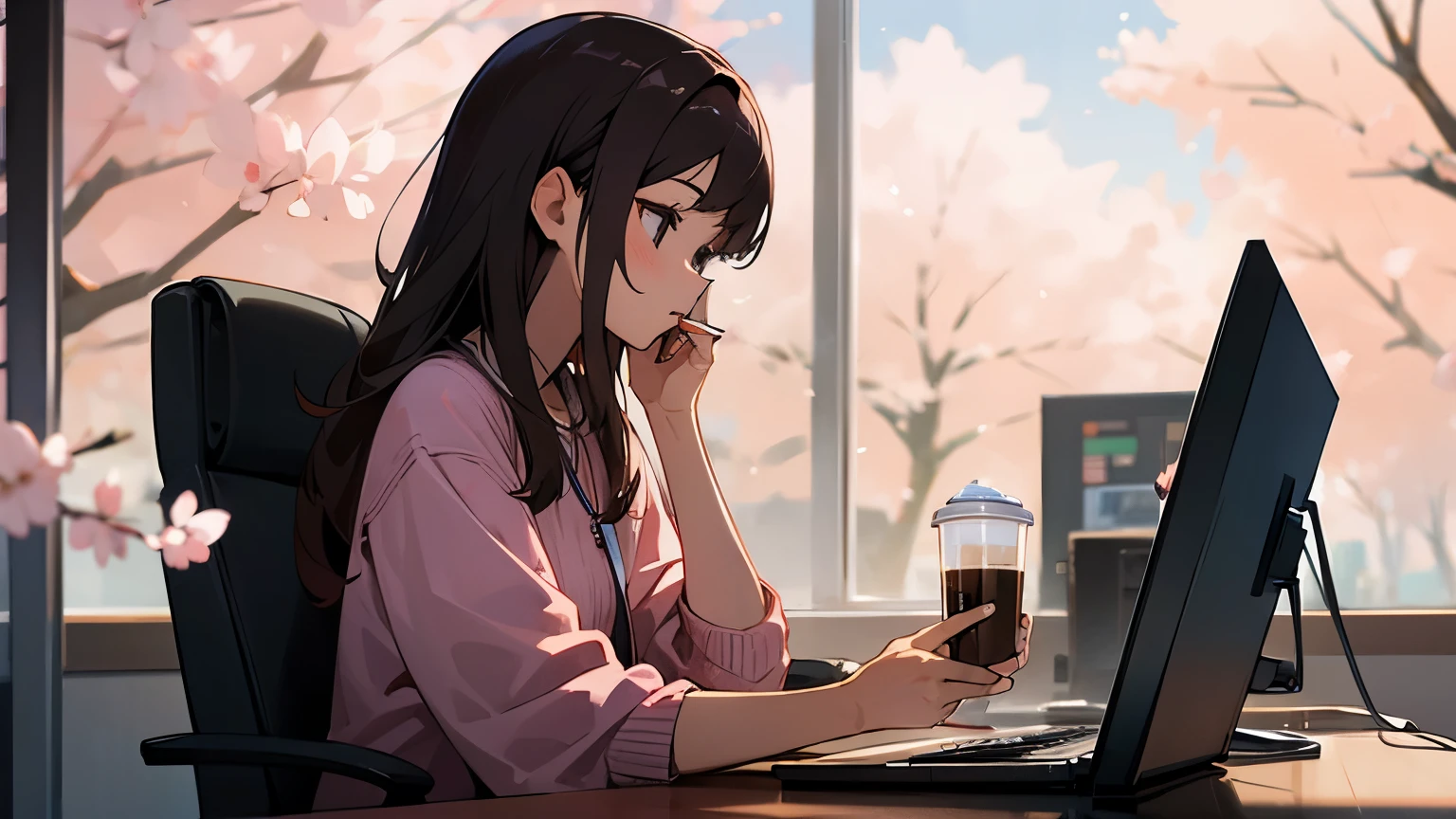 A girl working on a PC with a cup of coffee in her hand. The background is daytime and cherry blossoms are in bloom.