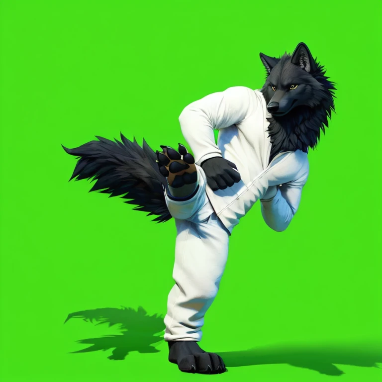 Black anthro wolf, standing with one feet, kicking air, doing a kick fight pose, wearing white clhlotes, chest exposed, stomach exposed, wearing white pants, arm crossed, head tilted, right feet close to camera, detailed feet paws, hd quality, 4k quality, perfect light, perfect shadow, feet paws close up