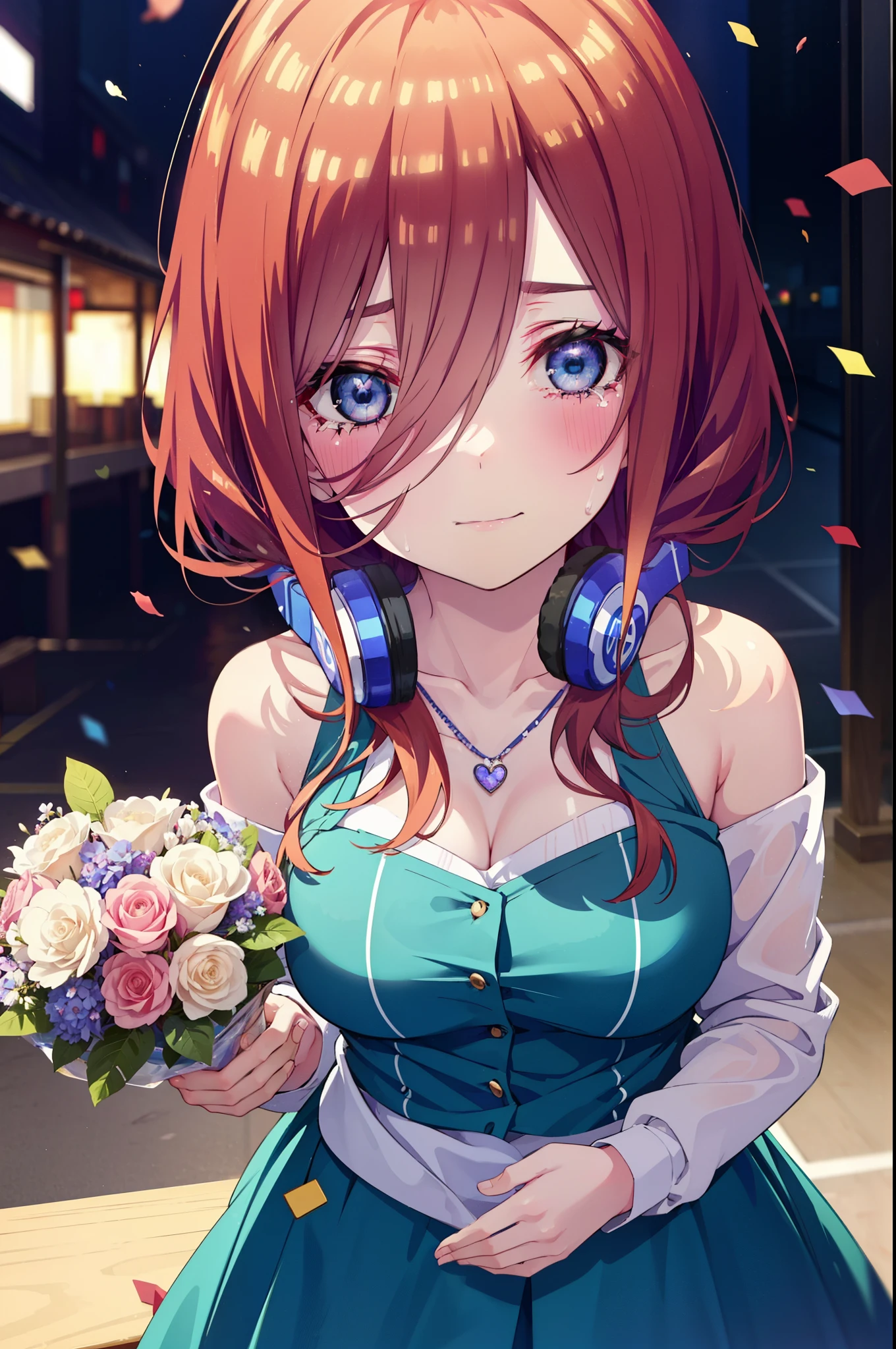 Miku Nakano, Miku Nakano, Long Hair, bangs, Brown Hair, shirt, Hair between the eyes, cardigan, Headphones around neck,tiara,Star Hair Ornament,smile,blush,Blue Dress,Long skirt,Red Pin Heel,No sleeve,Expose your shoulders,Bare arms,Bare neck,bare clavicle,Heart Necklace,Tears stream down her face,Tears of joy,I cry a lot,holding a large bouquet of flowers in each hand,Confetti,There is a birthday cake on the table,
break indoors, on stage,
break looking at viewer, (Cowboy Shot:1.5),
break (masterpiece:1.2), highest quality, High resolution, unity 8k wallpaper, (shape:0.8), (Beautiful details:1.6), Highly detailed face, Perfect lighting, Highly detailed CG, (Perfect hands, Perfect Anatomy),