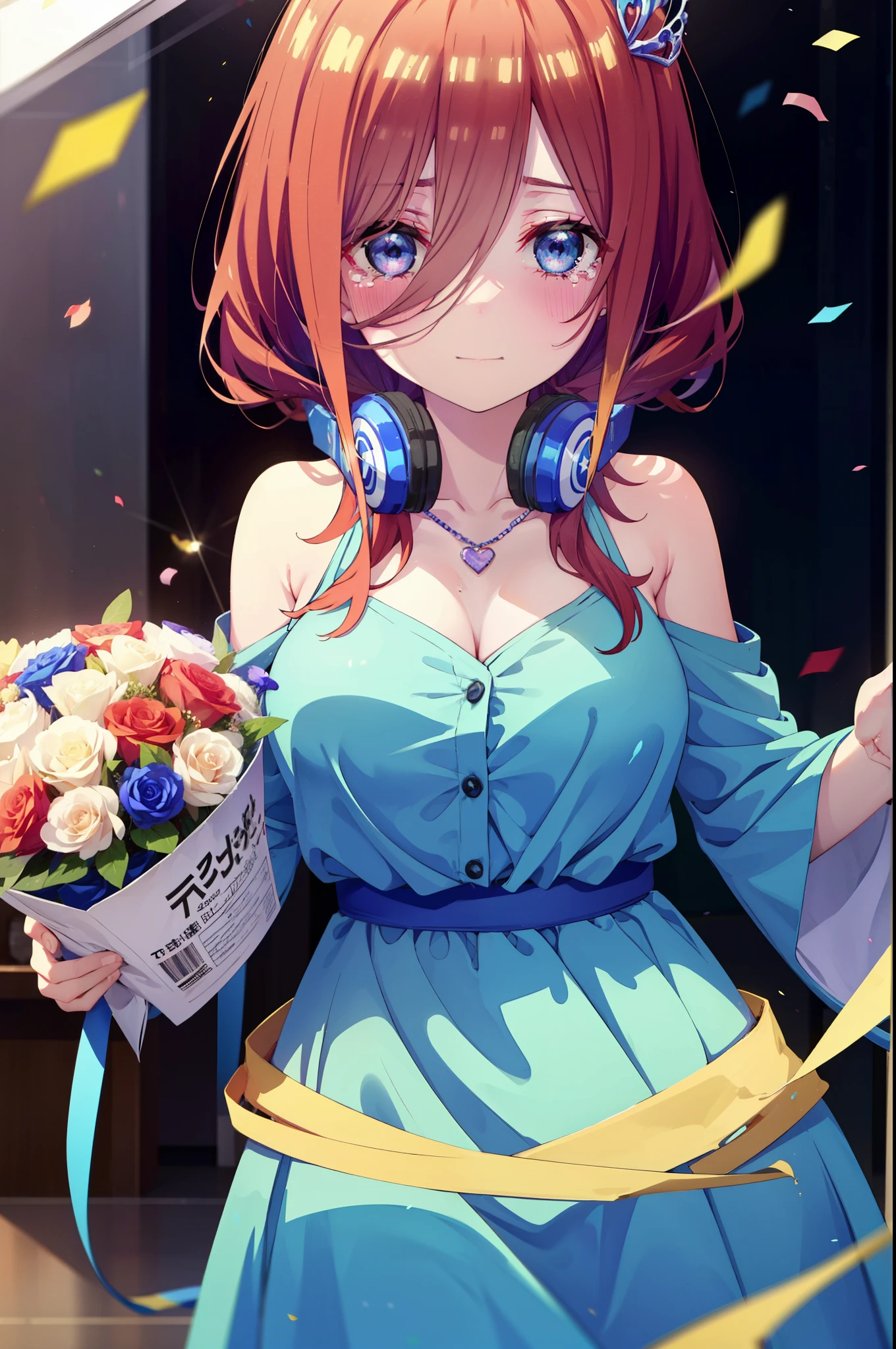 Miku Nakano, Miku Nakano, Long Hair, bangs, Brown Hair, shirt, Hair between the eyes, cardigan, Headphones around neck,tiara,Star Hair Ornament,smile,blush,Blue Dress,Long skirt,Red Pin Heel,No sleeve,Expose your shoulders,Bare arms,Bare neck,bare clavicle,Heart Necklace,Tears stream down her face,Tears of joy,I cry a lot,holding a large bouquet of flowers in each hand,Confetti,There is a birthday cake on the table,
break indoors, on stage,
break looking at viewer, (Cowboy Shot:1.5),
break (masterpiece:1.2), highest quality, High resolution, unity 8k wallpaper, (shape:0.8), (Beautiful details:1.6), Highly detailed face, Perfect lighting, Highly detailed CG, (Perfect hands, Perfect Anatomy),