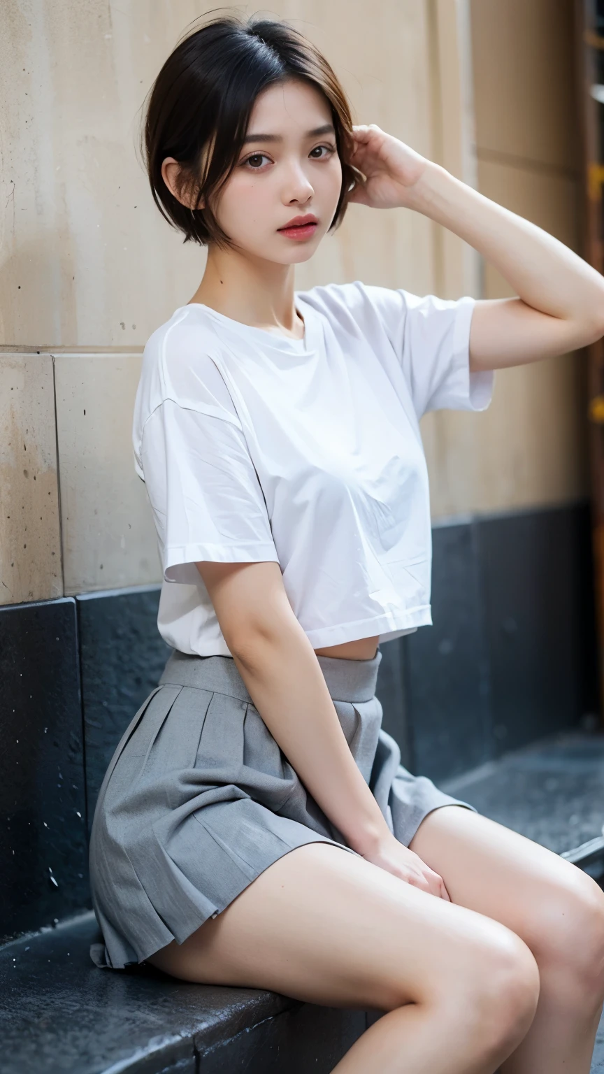 girl,Cool,full,smooth skin,short hair,Pleated Skirt ,