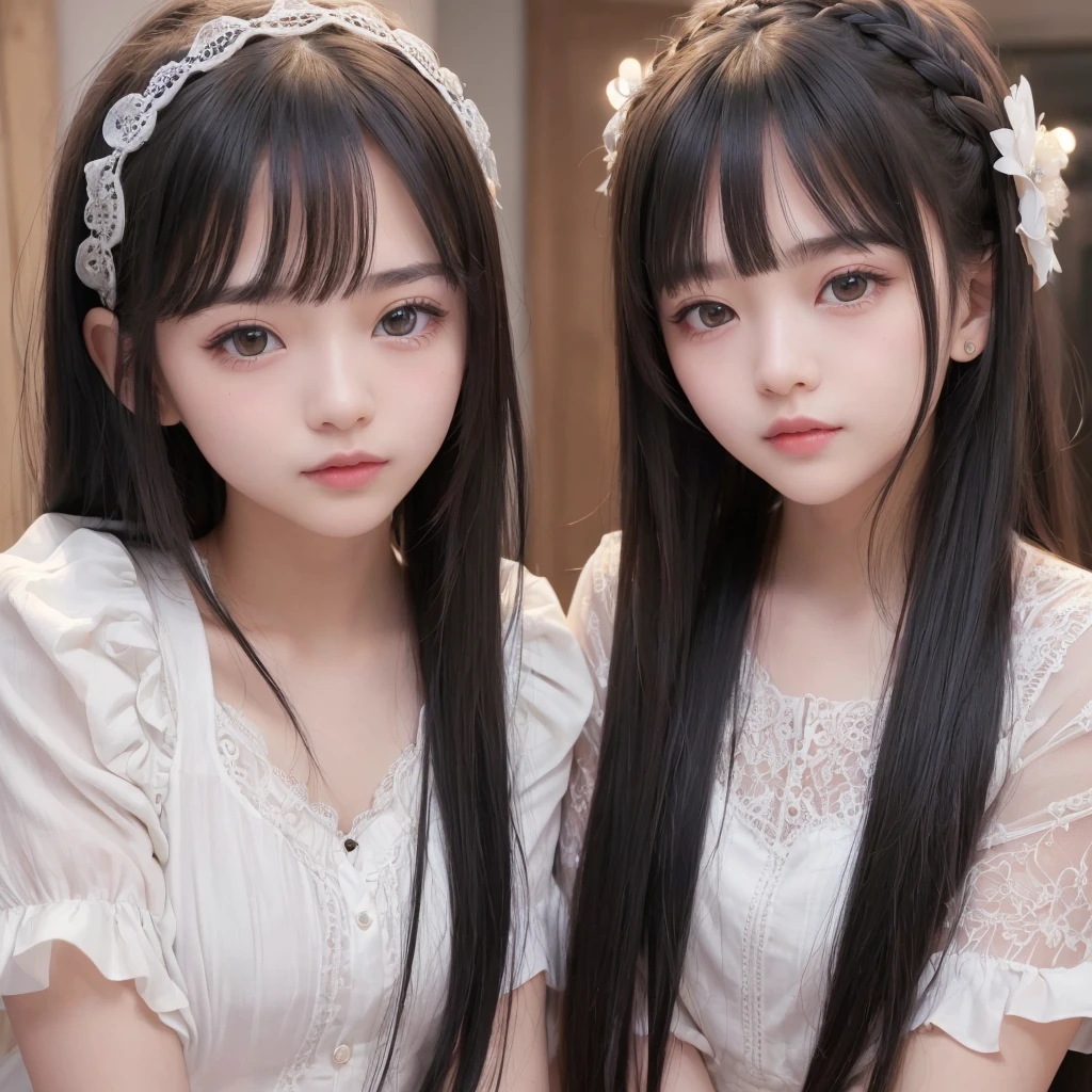 ((2 girls are looking towards for front)),Light smile、natta、Raw photography、(((Portrait of extreme beauty)))、((glistning skin))、16 year old beautiful girl in Prague、bright expression、((beautiful black hair))、[Big black eyes that shine like jewels]、Glossy glossy skin、Silky Super Long Straight Hair、eye liner、Beautiful bangs、Hair between the eyes、((​masterpiece、top-quality、ultra-detailliert、intricate-detail、hight resolution、ighly detailed))、Detailed background、8KUHD、Digital SLR、hightquality、FujifilmXT3 、Shallow depth of field,looking at viewer, (bust shot:1.0), heart-shaped pupils, (((thin eyebrows))), (nose blush), (embarrassed:1.2), (no makeup), ((((dreamy eyes)))),((face to face:1.0)),
