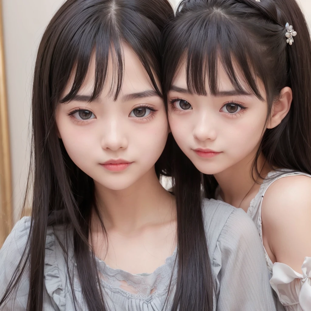 ((2 girls are looking towards for front)),Light smile、natta、Raw photography、(((Portrait of extreme beauty)))、((glistning skin))、16 year old beautiful girl in Prague、bright expression、((beautiful black hair))、[Big black eyes that shine like jewels]、Glossy glossy skin、Silky Super Long Straight Hair、eye liner、Beautiful bangs、Hair between the eyes、((​masterpiece、top-quality、ultra-detailliert、intricate-detail、hight resolution、ighly detailed))、Detailed background、8KUHD、Digital SLR、hightquality、FujifilmXT3 、Shallow depth of field,looking at viewer, (bust shot:1.0), heart-shaped pupils, (((thin eyebrows))), (nose blush), (embarrassed:1.2), (no makeup), ((((dreamy eyes)))),((face to face:1.0)),
