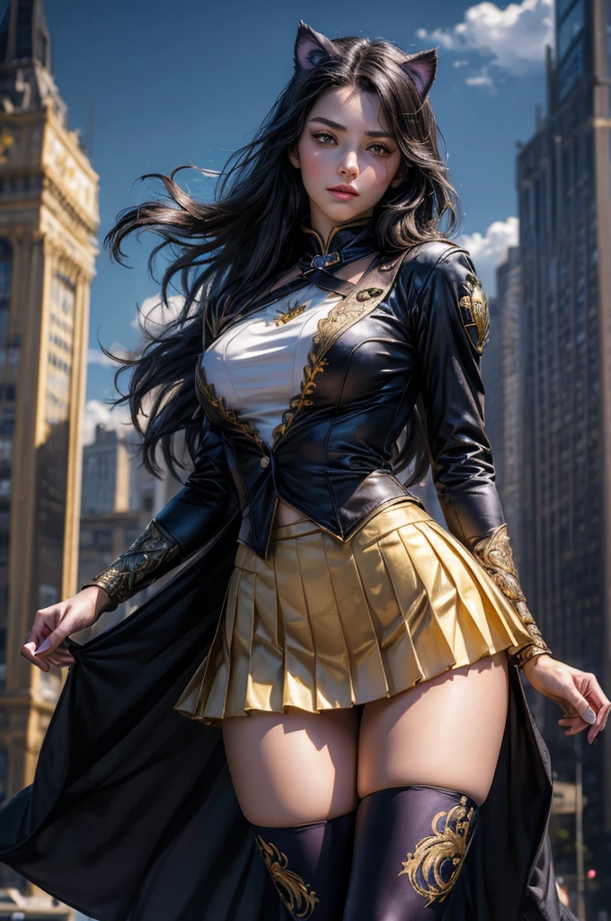 (masterpiece,stunning girlfriend, (standing:1.1), dynamic pose, heart shaped face, elegant face, beautiful face, highly detailed face, highly detailed skin, skin pores, subsurface scattering, realistic pupils, looking at viewer, full lips, detailed background, depth of field, atmospheric perspective, volumetric lighting, sharp focus, absurdres, realistic proportions, good anatomy, (realistic, hyperrealistic:1.4), 16k hdr, (masterpiece, best quality), intricate details, 1girl, blake_belladonna, gmuniform, pleated skirt, blue thighhighs, black and gold uniform, city, night, stars, clouds
