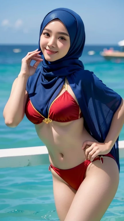 high quality, Indonesian girl in beautiful hijab, rose red hijab mixed with blue, swimsuit, beautiful and cute girl, very detailed artgerm, masterpiece. charming pose, sweet smile.