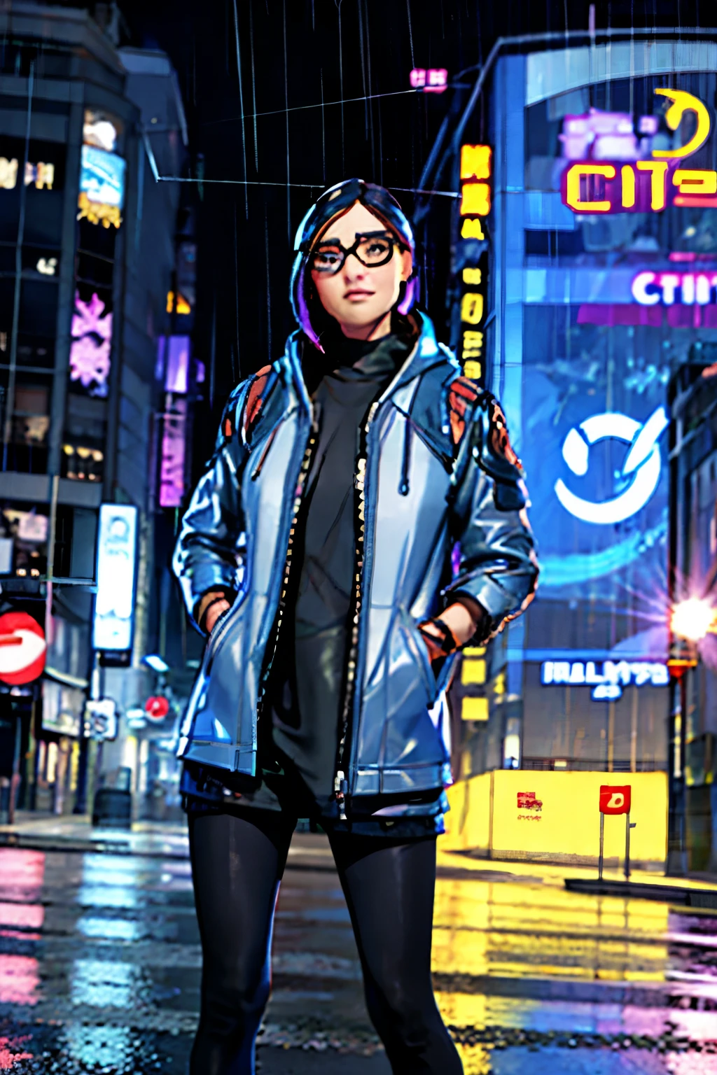 1girl, Night City, rain, coat, hands in pockets