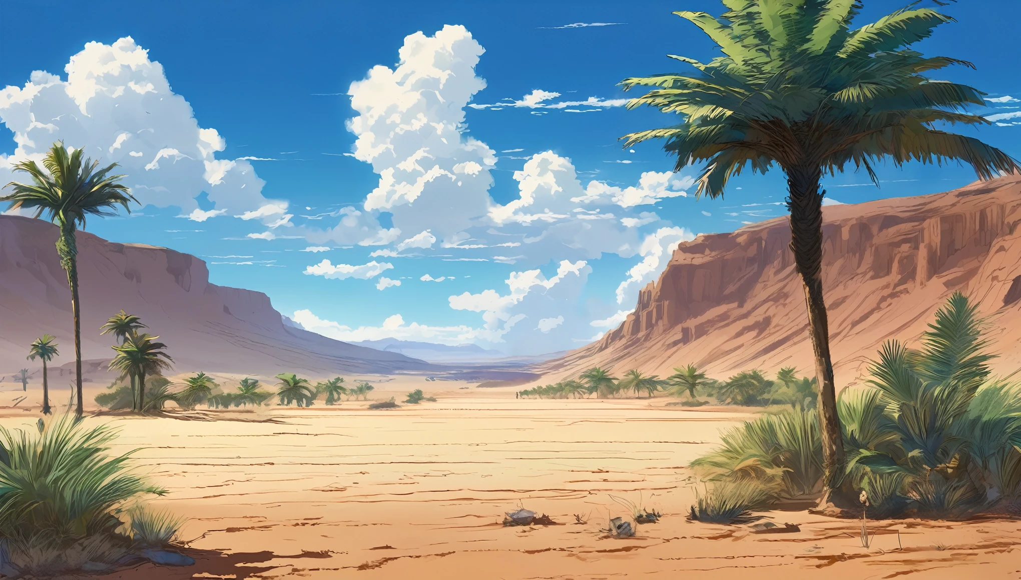 A vast desert plain stretches to the horizon, Under the relentless heat of the midday sun. A small oasis of palm trees and serene water radiates life amidst aridity, como um presente divino em meio ao deserto abrasador. The deep blue sky stretches over this landscape, A solemn setting where the divine presence seems imminent. imagem estilo anime