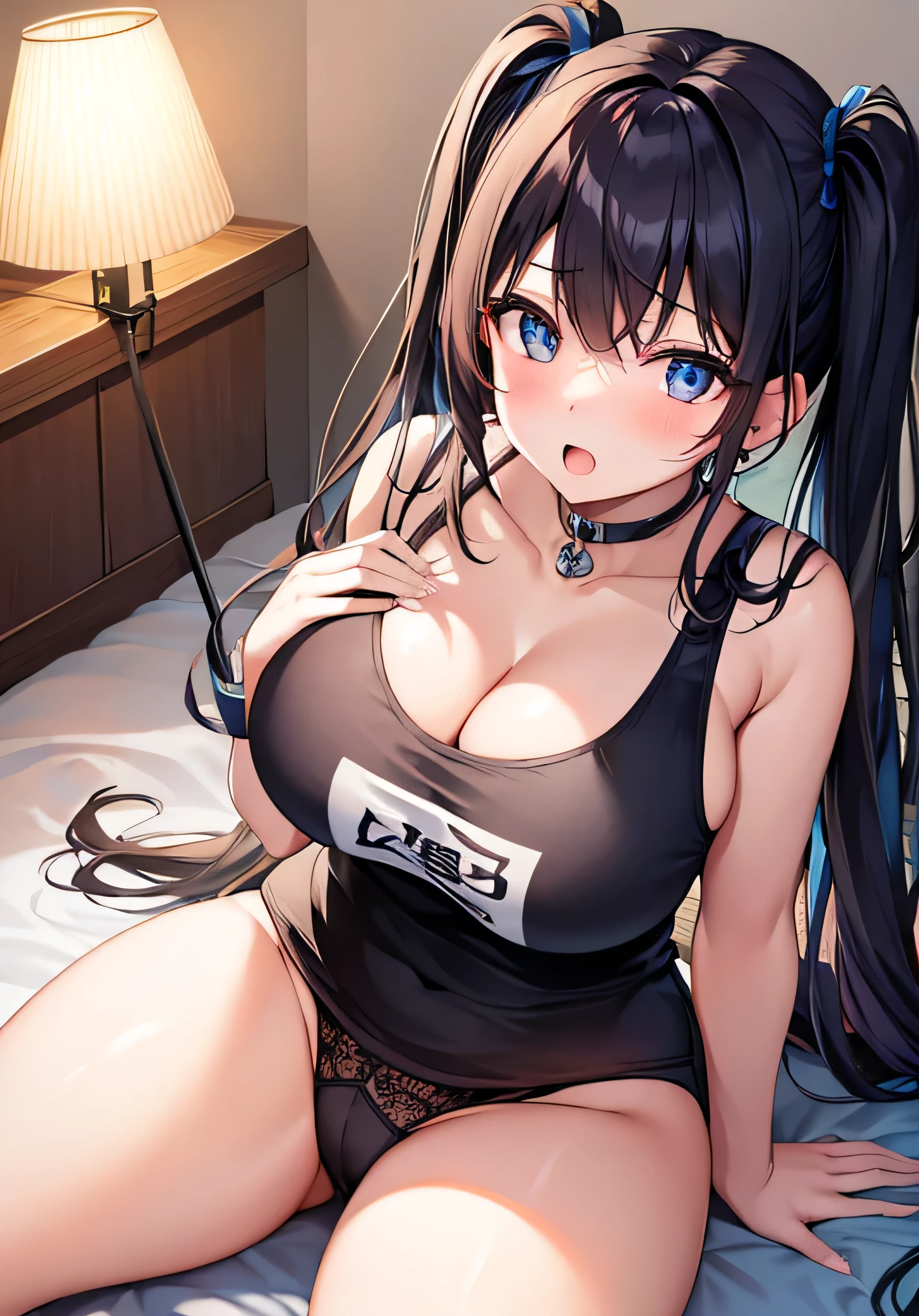 masterpiece、Highest quality、Ultra-high resolution、nsfw、teenage girl with big breasts、twin tail hairstyle、black hair、Red face、shyly、open your mouth just a little、white tank top that shows cleavage、panties、sit in the sofa、inside the living room at night