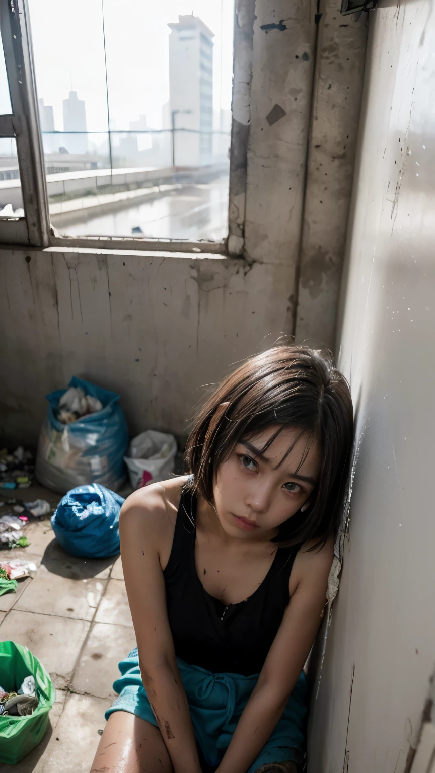 An 18-year-old Korean woman surrounded by a pile of garbage,aespakarina,Bobcut,Begging in the city,beggar,(((Homeless))),((( Bad smell,Oil,Mud stains,shit,dirty))),(((Frowning,Glaring at the camera))),((((The room is filled with garbage))),Very fine eye, (((He&#39;s wearing a tattered black tracksuit.))),(((Tragic))),(make:1.3),Big eyes