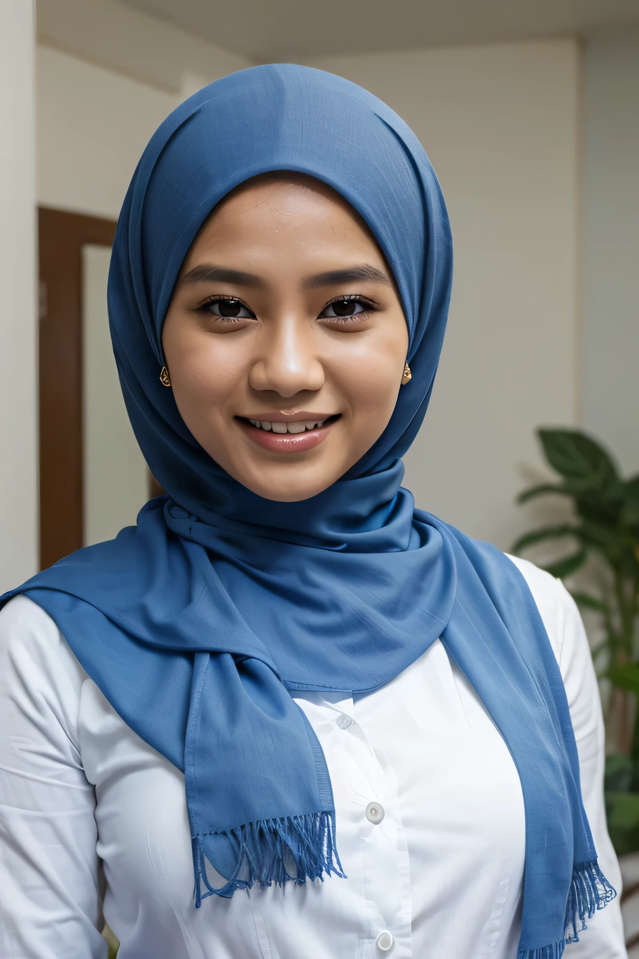 indoor photo, Indonesian woman, wearing a plain blue hijab, white shirt, beautiful, smiling, promoting something, half body