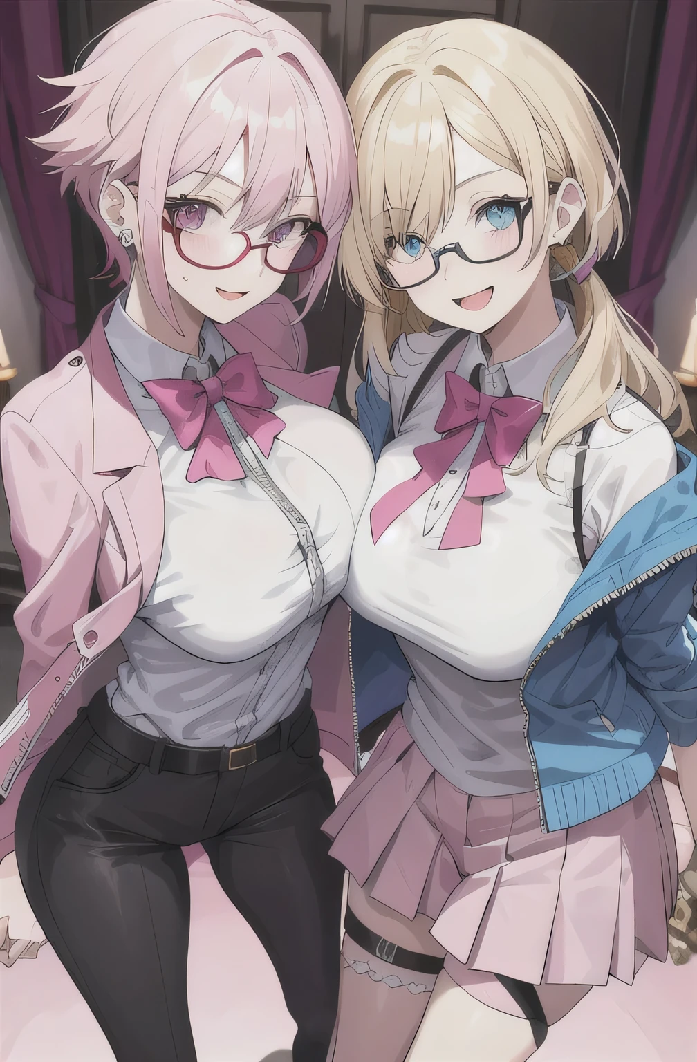 2 girls , sisters , 23 year old beautiful younger sister pink short hair huge breasts wear pink school sport jacket zipped shyness wearing glasses and 26 years old beautiful funny older sister blonde long hair small breasts ear's pierced cute gothic clothes no glasseshaving sex with mans , bedroom background ,look at camera , half body , (high resolution) , nsfw , exciting face ,smile , lesbian , super tight clothes , bras , pussy , dick
