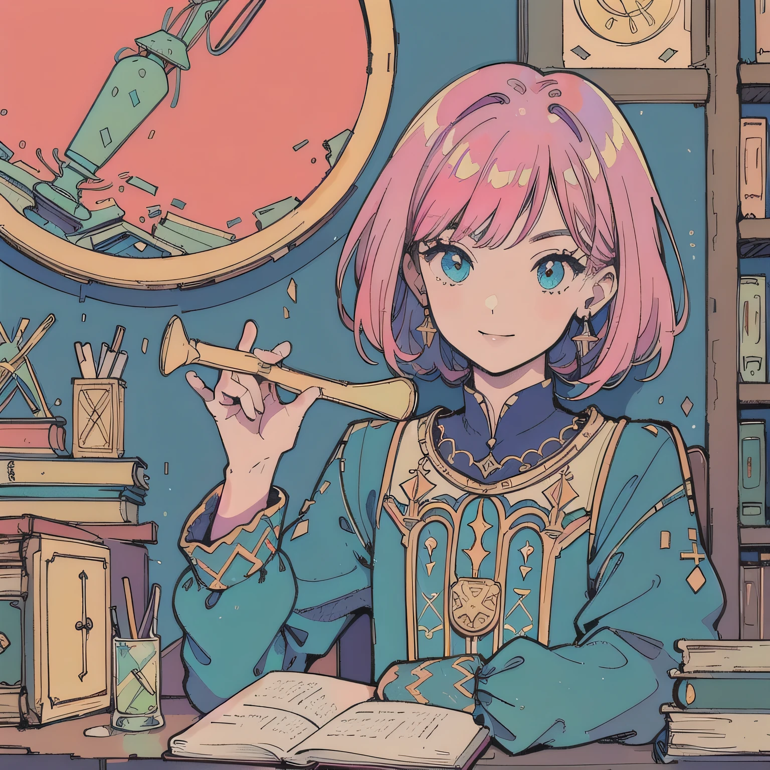 (praise), (smile),magical research, Reading a book, Wearing Glass, Pink Hair,Fluffy bob cut,Shoulder length, evening,sunset,Analog Color Theme, flat, 2D , Simple drawing, Simplify the line drawing, Ink drawing, Big incline, Gouache Color, Great colorful, Out turn, Synthwave,Classic style,Old Texture, amplitude,Medieval European royal atmosphere,Aristocratic dress,Mysterious atmosphere,Lo-Fi,Calm atmosphere,Outside the window is a medieval castle town,Cozy room with warm lighting,(houseplants on the table),Books stacked on the table,A desk cluttered with art notebooks and stationery,A bookshelf full of books and dictionaries,One girl, Teen, 8k, 35mm, Absurd, Flat color, perspective, Depth of written boundary, High resolution, Cinema Lighting, Professional Lighting, Sharp focus, High resolution, photograph, Realistic, Super detailed, In detail, ((Detailed eyes, face and hair)), (Music is playing from a trumpet-shaped gramophone on the desk.)