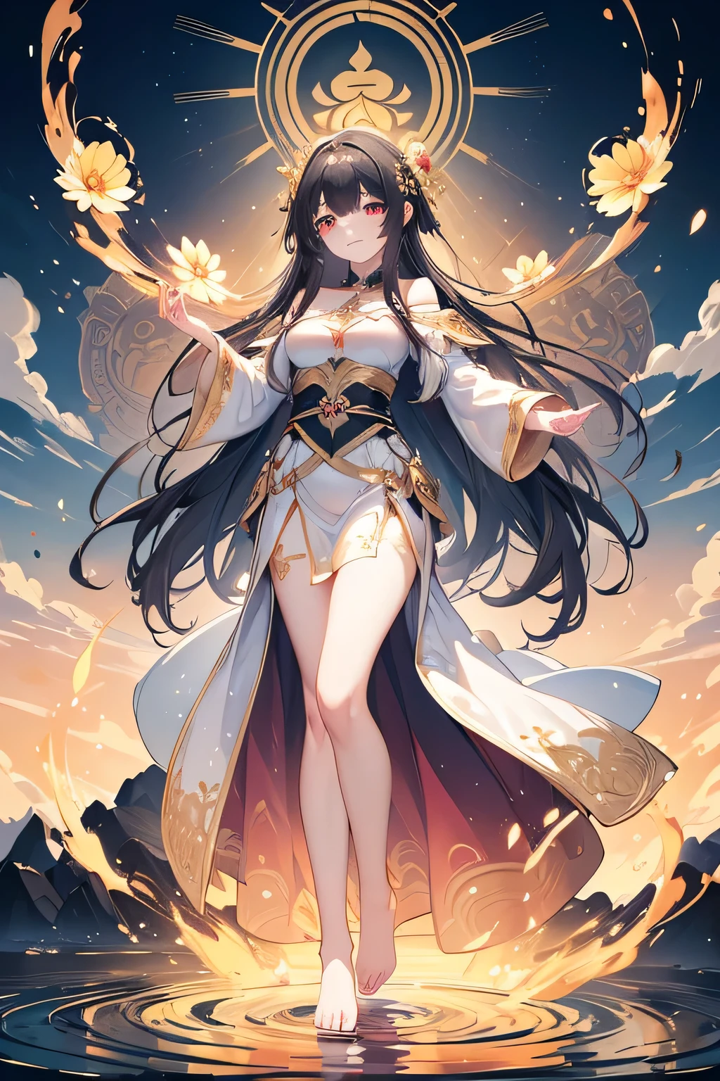 (best quality,8k,ultra-detailed,masterpiece:1.2),Guanyin,standing,stepping on lotus flowers, barefoot, flowing long black hair, anime face with beautiful detailed eyes, smiling, anime style, off-shoulder, waist-cinching, divine, summer, artist's masterpiece, 8K wallpaper, extreme resolution, intricate and complex details, divine light, soft lighting, reaching out, blue sky and white clouds, casting spell