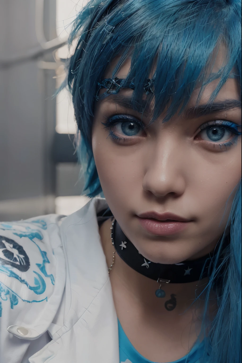 a close up of a punk girl with a blue hair and a choker, inspired by Sim Sa-jeong, detailed punk hair, azure. detailed hair, sky blue straight hair, the sims 4 texture, 4k hd, ! two tone hair! dye, straight sky blue hair, best quality, 8k, realistic,