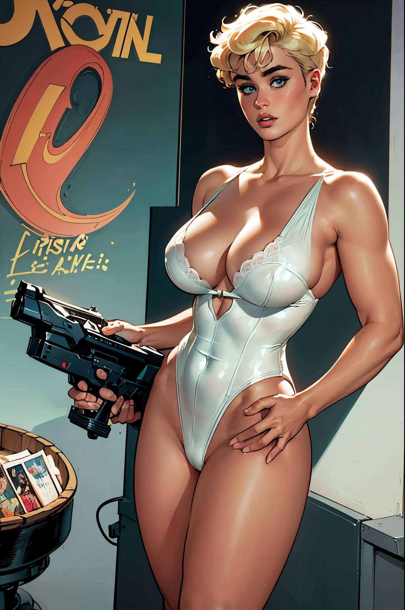 Stefania Ferrario as a realistic and intricate cyborg face of perfect beauty, 20 years old, full body, athletic body, in comic book panel, full body, bold lineart illustration comic, seductive blue eyes, parted lips, perfect body, blonde hair, nsfw:1.8, in the style of Adam Hughes, detailed face, parted lips, big ass, big tits, cleavage, (((from face to waist))), (((shape of fine beauty))), wearing a very small and sexy white lingerie with red lace, black background (work of art), 4K, Ultra HD 