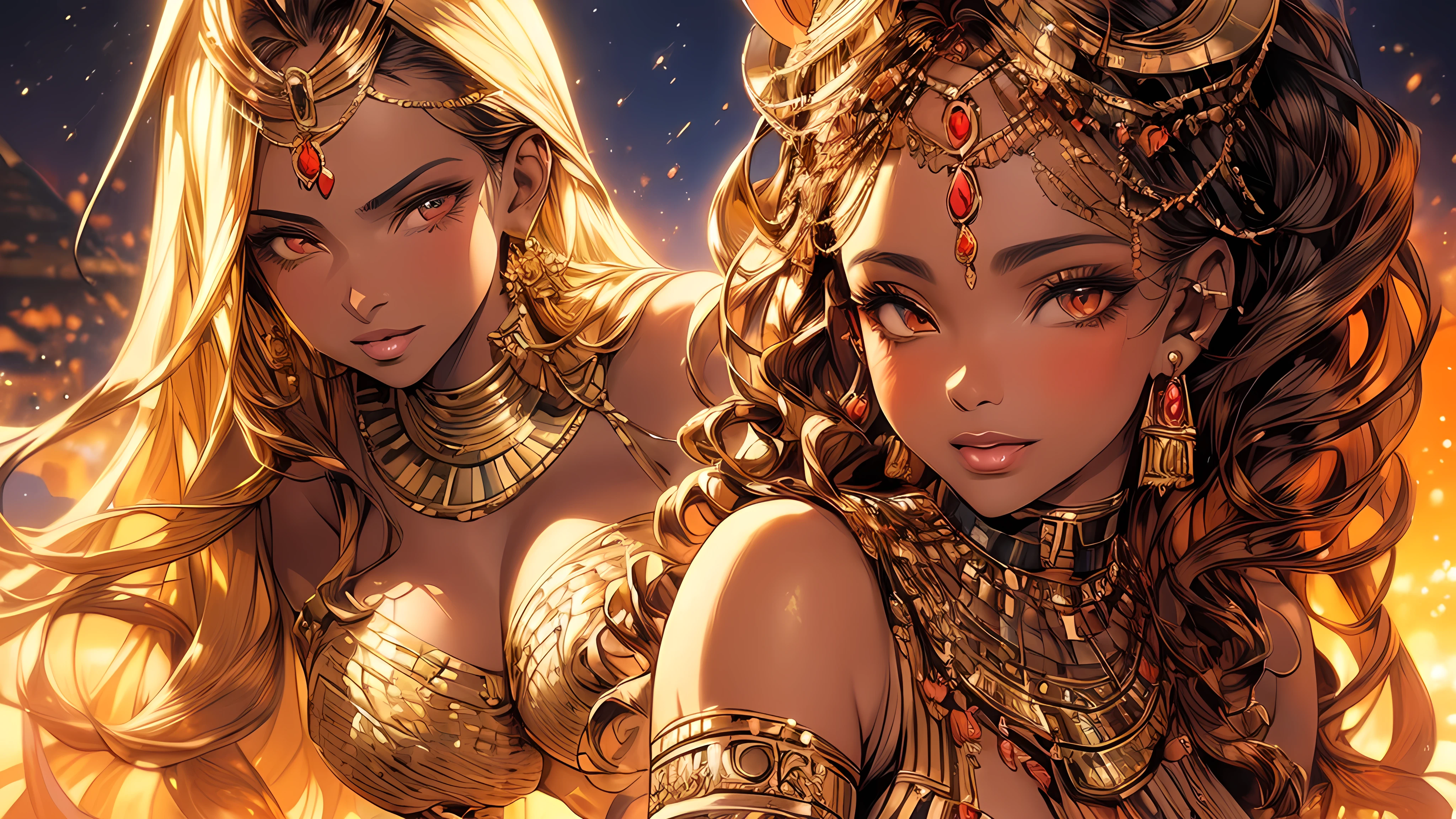 (best quality,ultra-detailed,realistic:1.37),portrait,illustration,egyptian goddess,full-body,sexy,beautiful detailed eyes,beautiful detailed lips,curly hair,exotic jewelry,flowing dress,golden accessories,sultry pose,powerful stance,in front of the pyramids,desert background,vivid colors,warm color tone,soft lighting