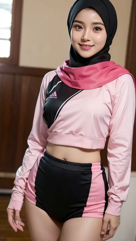 high quality, Indonesian girl in beautiful hijab, pink rose hijab mixed with dark black, in volleyball uniform, beautiful and cute girl, very detailed artwork, masterpiece. charming pose, sweet smile.