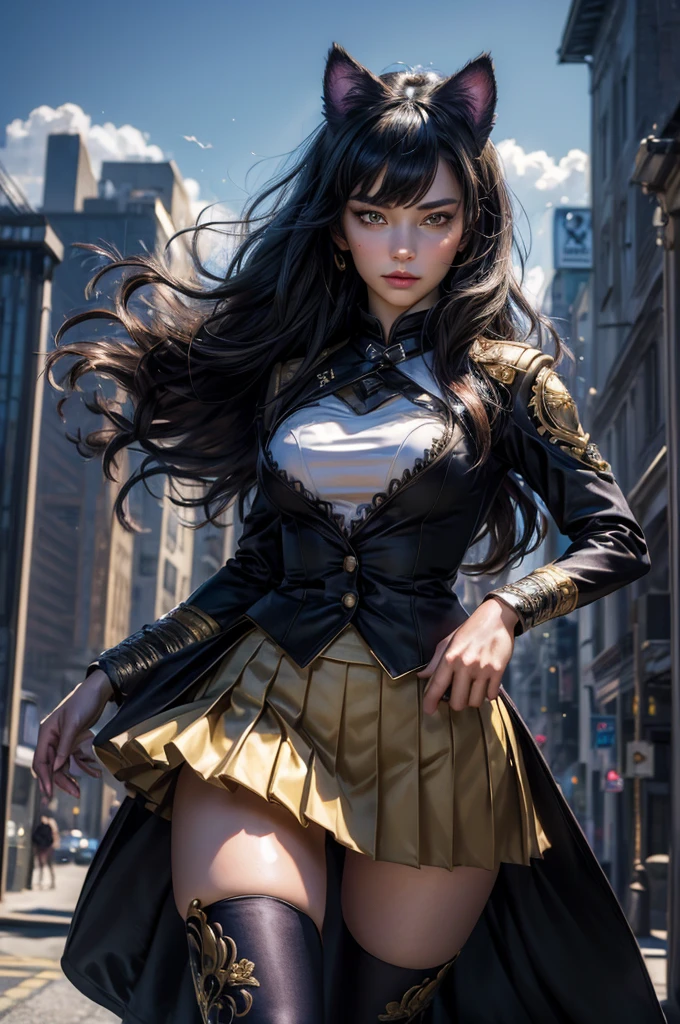 (masterpiece,stunning girlfriend, (standing:1.1), dynamic pose, heart shaped face, elegant face, beautiful face, highly detailed face, highly detailed skin, skin pores, subsurface scattering, realistic pupils, looking at viewer, full lips, detailed background, depth of field, atmospheric perspective, volumetric lighting, sharp focus, absurdres, realistic proportions, good anatomy, (realistic, hyperrealistic:1.4), 16k hdr, (masterpiece, best quality), intricate details, 1girl, blake_belladonna, gmuniform, pleated skirt, blue thighhighs, black and gold uniform, city, night, stars, clouds