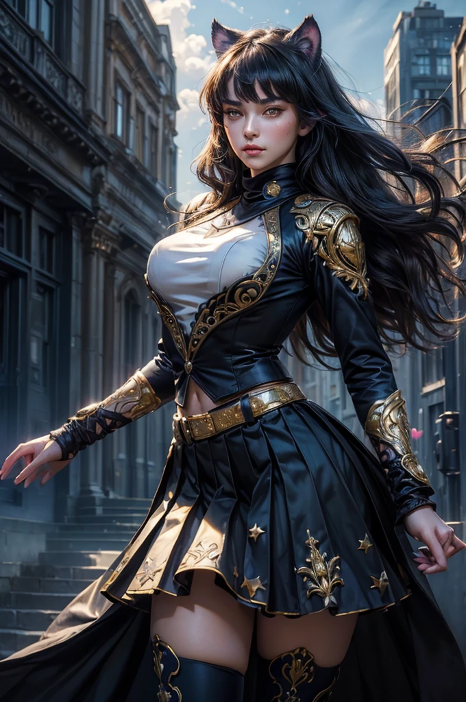 (masterpiece,stunning girlfriend, (standing:1.1), dynamic pose, heart shaped face, elegant face, beautiful face, highly detailed face, highly detailed skin, skin pores, subsurface scattering, realistic pupils, looking at viewer, full lips, detailed background, depth of field, atmospheric perspective, volumetric lighting, sharp focus, absurdres, realistic proportions, good anatomy, (realistic, hyperrealistic:1.4), 16k hdr, (masterpiece, best quality),  intricate details, 1girl,   blake_belladonna, gmuniform, pleated skirt, blue thighhighs,  black and gold uniform, city, night, stars, clouds