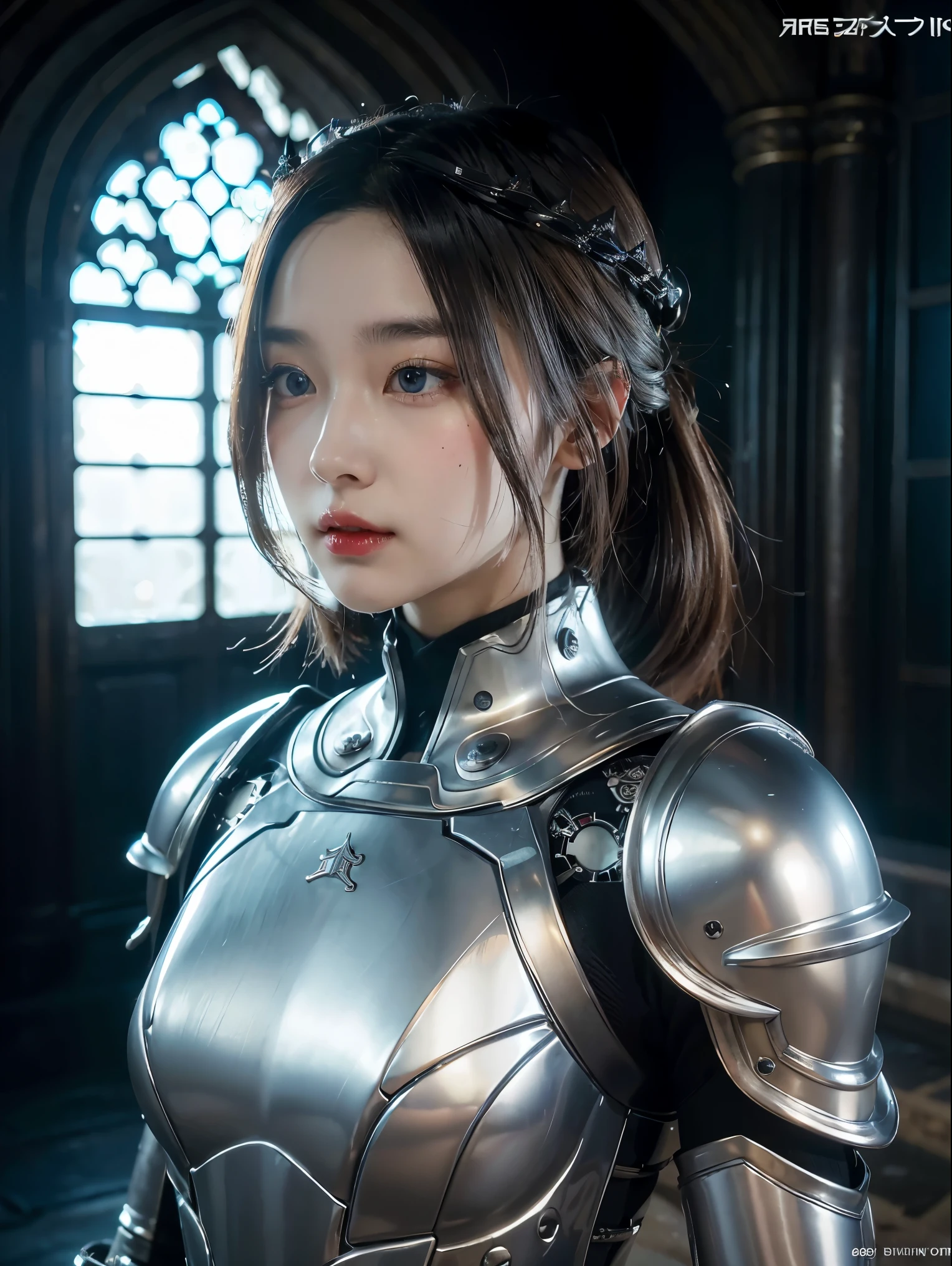 Masterpiece, Best quality, high resolution, 8K, Portrait, Realistic photo,（ Combine clothing with Korean fashion design），Digital photography, full bodyesbian, 1 16-year-old girl, (Cyborg), Beautiful blue-gray gradient long hair, Blue eyes, Intricate, elegant, Highly detailed, The crown of evil, Black dress, ,Silver metal exoskeleton armor, Intricate knightly hollow armor,power armour, Openwork design, mechanical structure, Photo pose, Solemn,, Red lips, From the movie《Final Fantasy XV》.Metallic texture, oc rendered，Reflective texture, ((Clothing cutting)), ((Set against the backdrop of the castle and the huge Moster))