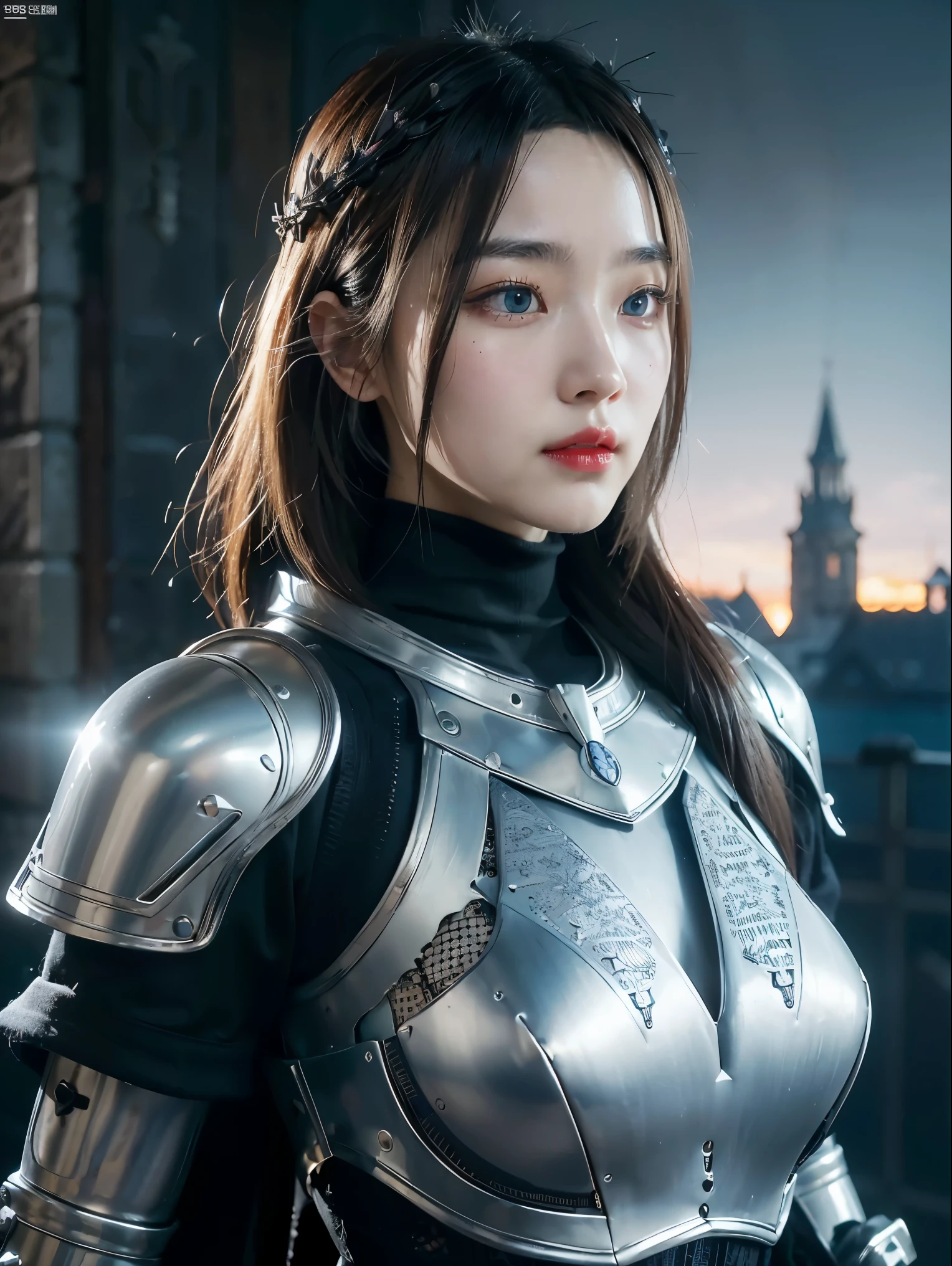 Masterpiece, Best quality, high resolution, 8K, Portrait, Realistic photo,（ Combine clothing with Korean fashion design），Digital photography, full bodyesbian, 1 16-year-old girl, (Cyborg), Beautiful blue-gray gradient long hair, Blue eyes, Intricate, elegant, Highly detailed, The crown of evil, Black dress, ,Silver metal exoskeleton armor, Intricate knightly hollow armor,power armour, Openwork design, mechanical structure, Photo pose, Solemn,, Red lips, From the movie《Final Fantasy XV》.Metallic texture, oc rendered，Reflective texture, ((Clothing cutting)), ((Set against the backdrop of the castle and the huge Moster))