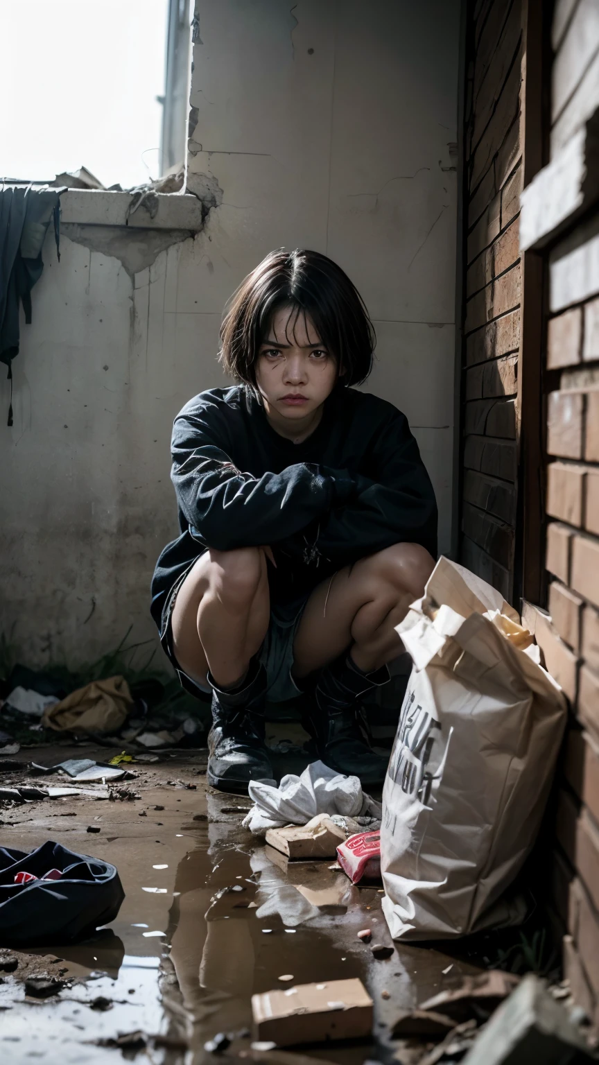 aespakarina,Bobcut,Beggar,beggar,(((Homeless))),in abandoned style room,Crouching,Angry face,Bad complexion,Dirty,Full of trash,Korean,18-year-old,woman,Pitch black,Tattered clothes,(((Bad mood))),((( Oil,Mud stains,shit,dirty))),(((Frowning,カメラをGlaring))),((((Rubble pile))),Very fine eye, (((Wearing tattered black clothing,He&#39;s wearing ripped black pants))),(((Tragic))),((photograph)),(((Fabric Shading))), (((highest quality))), (((masterpiece))) strong girl, ((((Realistic)))),,Black Hair, chic hairstyle, ((With bangs,ストレートミディアムBobcut, nice hair)), Light makeup,Red eyes, (((I&#39;m not wearing lipstick))), (nice, strong), Centered Images, Looking at the camera, Elegant colors,Realistic Skin,Realistic texture,８k,whole body,Pale skin,Red iris,Expressionless,Glaring,Perfect Face,(((Big eyes))),Holding a blank board,ruanyi0181