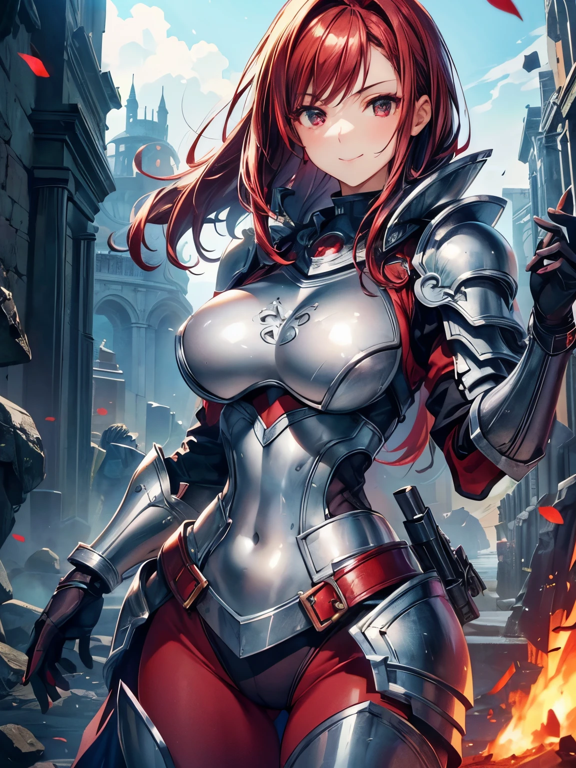 highest quality、Nice sexy body、One Woman、solo、(Beautiful busty woman:1.5)、Medium hair woman、((Woman with dark red hair))、A woman in silver armor、Smiling woman、ruins