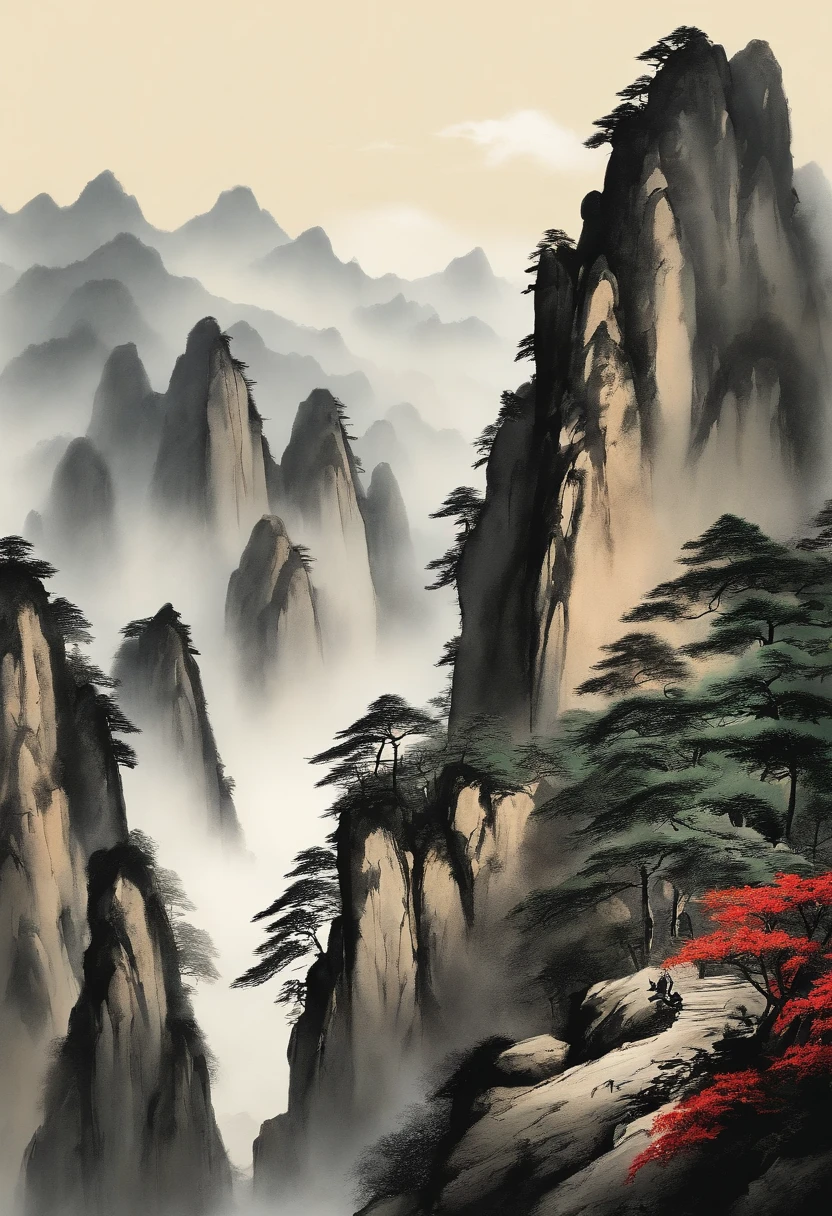 Chinese ink brush painting、 Rugged and high mountain scenery of Huangshan in China.

--16 pieces:9