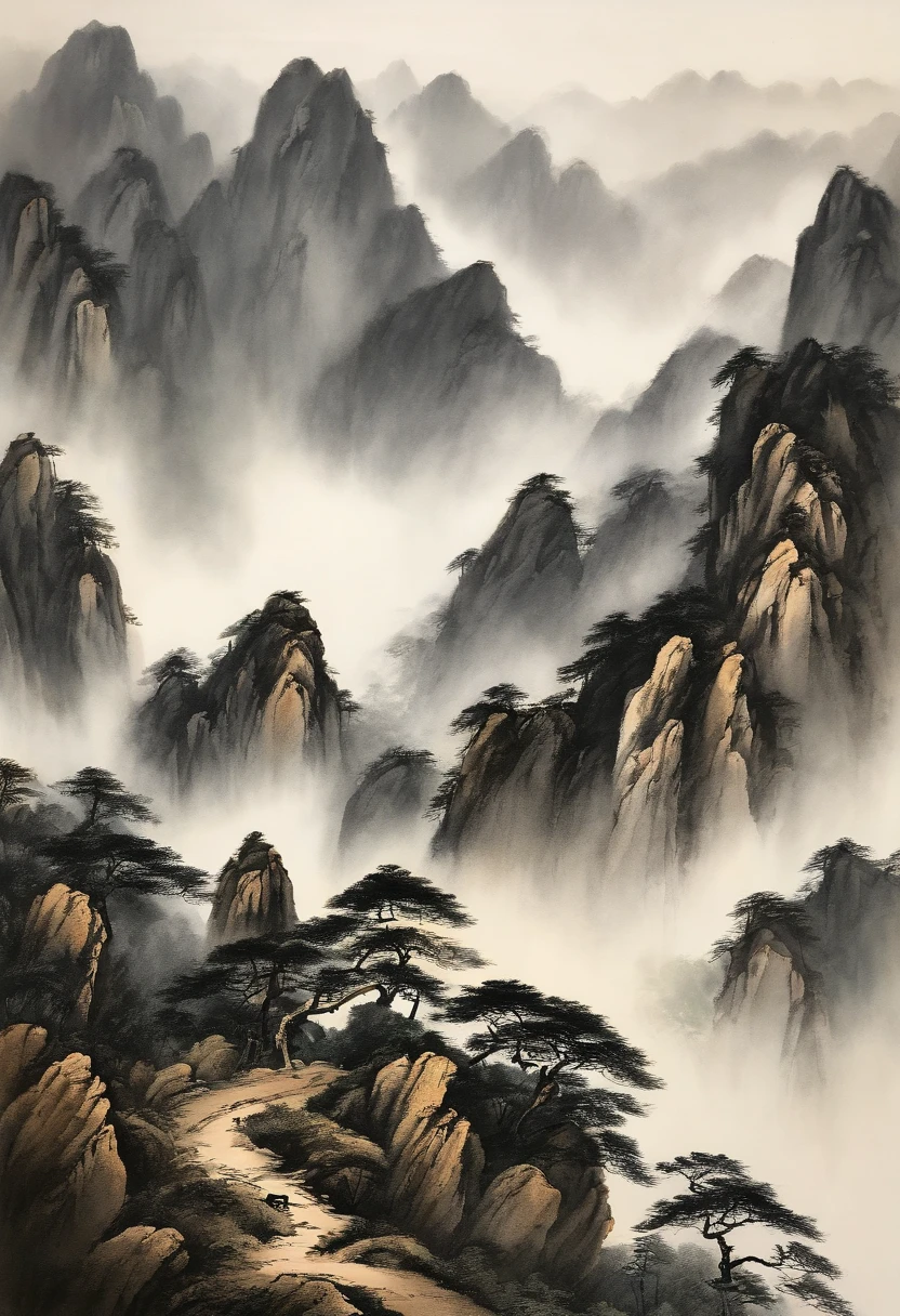 Chinese ink brush painting、 Rugged and high mountain scenery of Huangshan in China.
--16 pieces:9