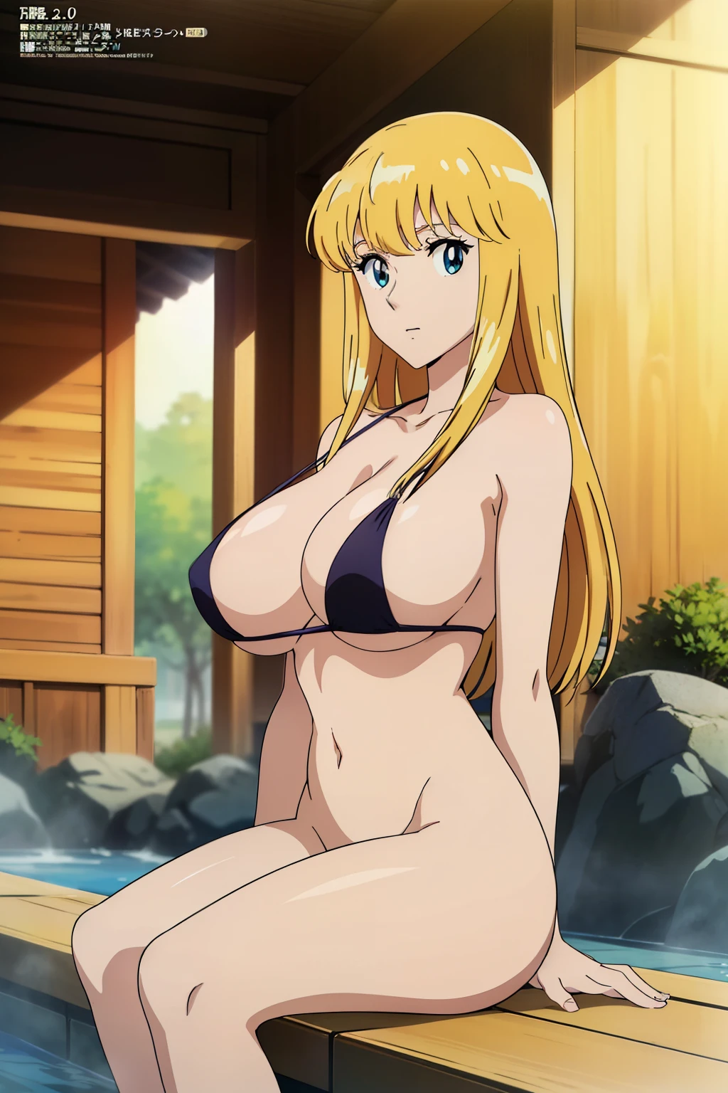 (anime cels style, Masterpiece, best quality, high resolution, anime colored, megami magazine:1.2, anime poster style, anime keyvisual, sharp, 8k, photorealistic), (beautiful eyes:1.5), reiko_aiwaifu, 1girl, cute, blond hair, long hair, sagging huge breast, (beautiful nude), bikini, underboob, (cowboy shot, sitting), (perfect detailed anatomy, perfect arms, perfect fingers, beautiful face, perfect body, shiny skin), onsen, 