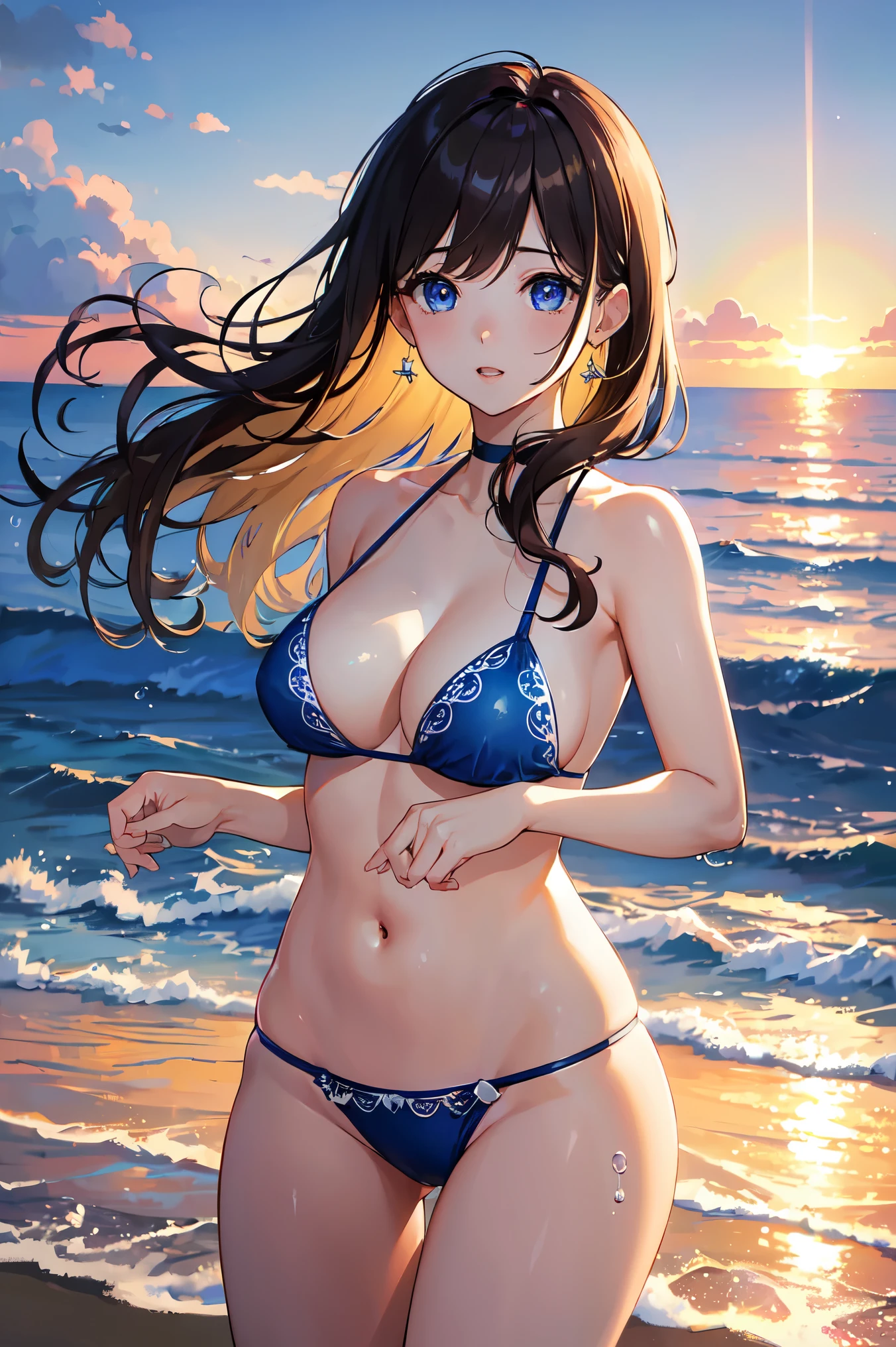 (((masterpiece、high resolution、high quality、Delicate、Ultra-high resolution、8k)))One female、Brown Hair、Curly Hair、Blue Eyes、Dense lips、Glowing Skin、Micro Bikini、BREAK,Ocean、beach、water droplets、rainbow🌈、evening、Sunset