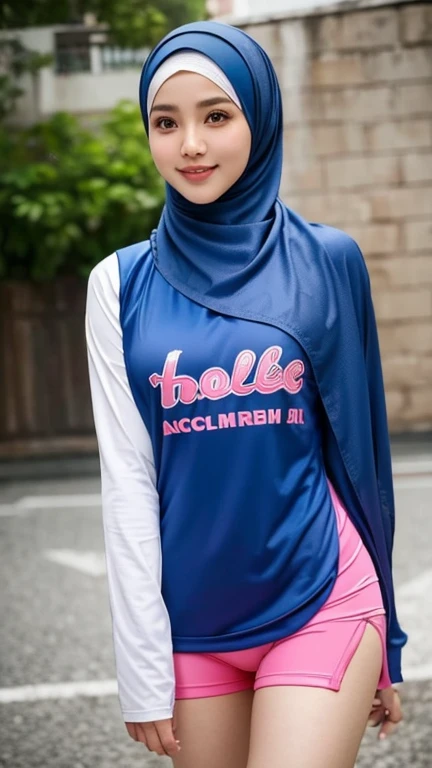 high quality, Indonesian girl in beautiful hijab, blue rose hijab mixed with pink dark, in volleyball uniform, beautiful and cute girl, very detailed artwork, masterpiece. charming pose, sweet smile.
