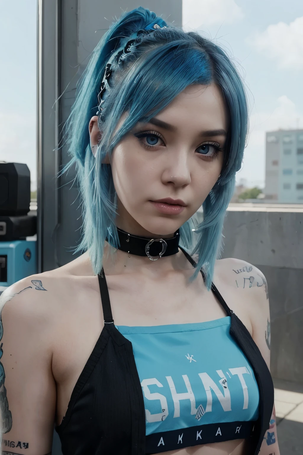 a close up of a pale punk girl with a blue hair and a choker, inspired by Sim Sa-jeong, detailed punk hair, azure. detailed hair, sky blue straight hair,  sky blue straight hair, the sims 4 texture, 4k hd, ! two tone hair! dye, straight sky blue hair, best quality, 8k, realistic,