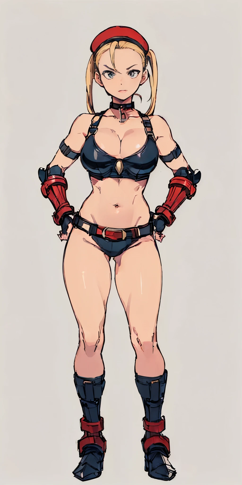 ((Plain background 1:2)) (Cammy White Street Fighter 6) Female full body standing straight symmetrical looking to the viewer RED full body armored (handcuffs, shackles, rerebrace, faulds, poleyn, gauntlets, leather collar choker) big belt under belly button, navel, belt over belly button ((hands on hips))