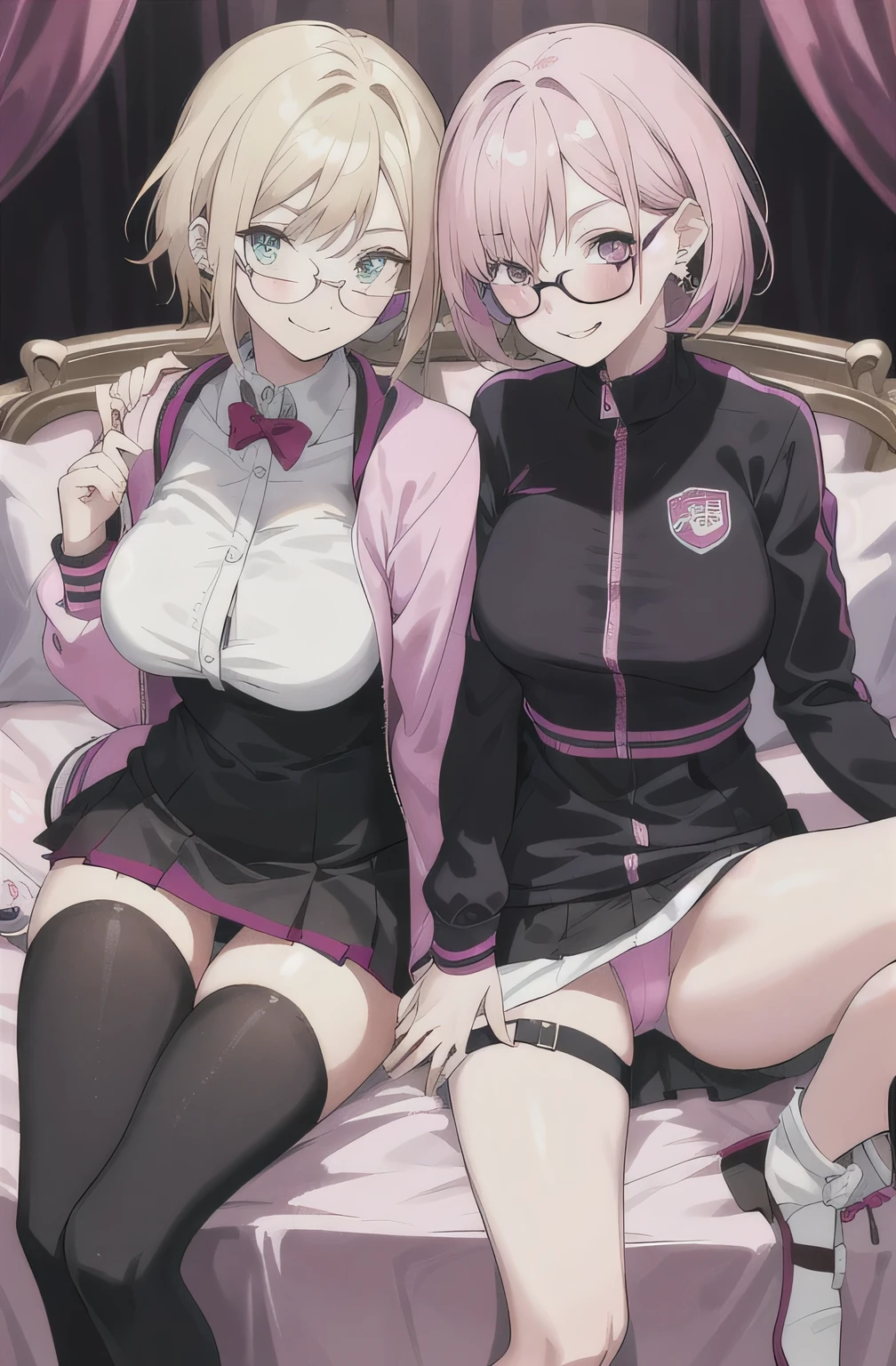 2 girls , sisters , 23 year old beautiful younger sister pink short hair huge breasts wear pink school sport jacket zipped shyness wearing glasses and 26 years old beautiful funny older sister blonde long hair small breasts ear's pierced cute gothic clothes no glasseshaving sex with mans  , bedroom background ,look at camera , half body , (high resolution) , nsfw , exciting face ,smile , lesbian , super tight clothes , bras , pussy , dick