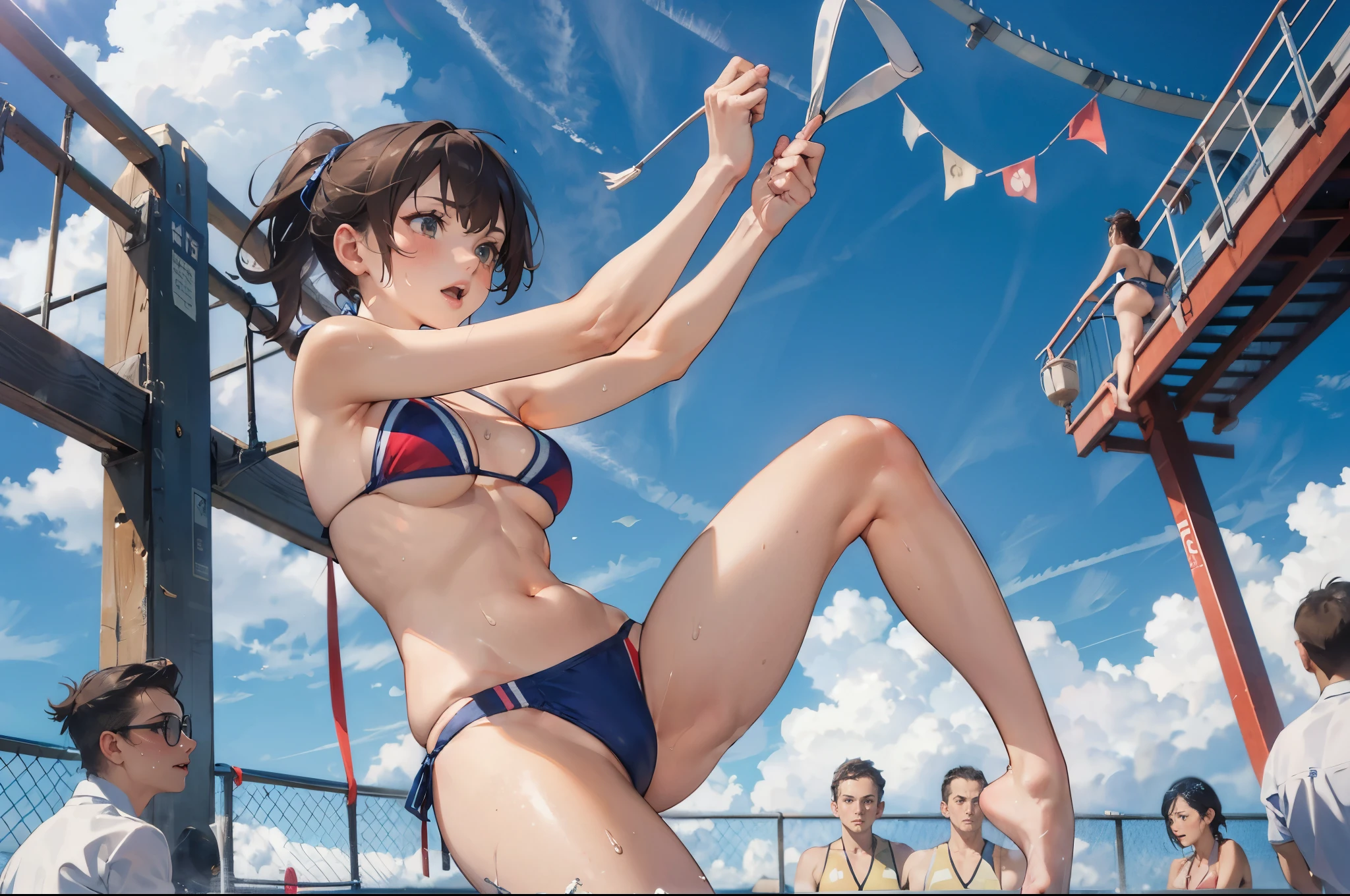 (super flat, flat shading), Honors Type, Really blushing, , (fucking Match:1.5), 2girls, (fighting:1.5), wearing white (high-cut bikini uniform:1.5), wedgie:1.5, cameltoe:1.7, sports shoes, ponytail brown hair, sweaty healthy body, sweaty soaking wet full body, bare legs, navel, ultra realistic, early morning, breeze, in crowded public gymnastics,
