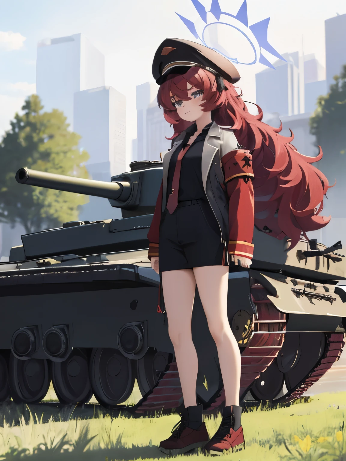 Masterpiece, hd, best quality, irohadef, red hair, long hair, halo, military uniform, military hat, black jacket, necktie, standing, outdoor, tank, standing in front of military vehicle, (tank:1.2)