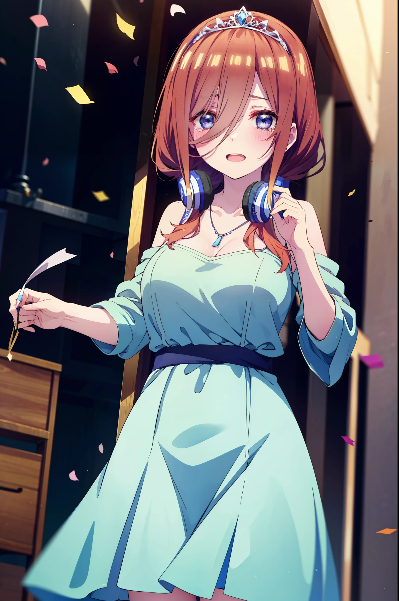 Miku Nakano, Miku Nakano, Long Hair, bangs, Brown Hair, shirt, Hair between the eyes, cardigan, Headphones around neck,tiara,Star Hair Ornament,smile,blush,Blue Dress,Long skirt,Red Pin Heel,No sleeve,Expose your shoulders,Bare arms,Bare neck,bare clavicle,Heart Necklace,Tears stream down her face,Tears of joy,I cry a lot,holding a large bouquet of flowers in each hand,Confetti,There is a birthday cake on the table,
break indoors, on stage,venue,
break looking at viewer, (Cowboy Shot:1.5),
break (masterpiece:1.2), highest quality, High resolution, unity 8k wallpaper, (shape:0.8), (Beautiful details:1.6), Highly detailed face, Perfect lighting, Highly detailed CG, (Perfect hands, Perfect Anatomy),