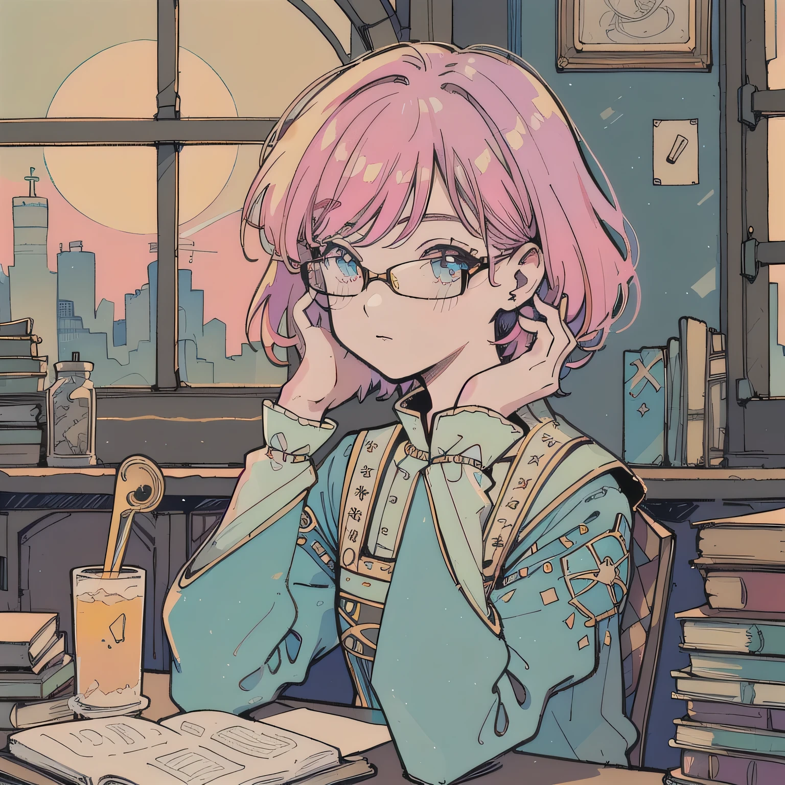 (praise), A girl studying at a desk in a room, magical research, Reading a book, Wearing Glass, Pink Hair,Fluffy bob cut,Shoulder length, evening,sunset,Analog Color Theme, flat, 2D , Simple drawing, Simplify the line drawing, Ink drawing, Big incline, Gouache Color, Great colorful, Out turn, Synthwave,Classic style,Old Texture, amplitude,Medieval European royal atmosphere,Aristocratic dress,Mysterious atmosphere,Lo-Fi,Calm atmosphere,Outside the window is a medieval castle town,Cozy room with warm lighting,(houseplants on the table),Books stacked on the table,A desk cluttered with art notebooks and stationery,A bookshelf full of books and dictionaries,One girl, Teen, 8k, 35mm, Absurd, Flat color, perspective, Depth of written boundary, High resolution, Cinema Lighting, Professional Lighting, Sharp focus, High resolution, photograph, Realistic, Super detailed, In detail, ((Detailed eyes, face and hair)), (Music is playing from a trumpet-shaped gramophone on the desk.)